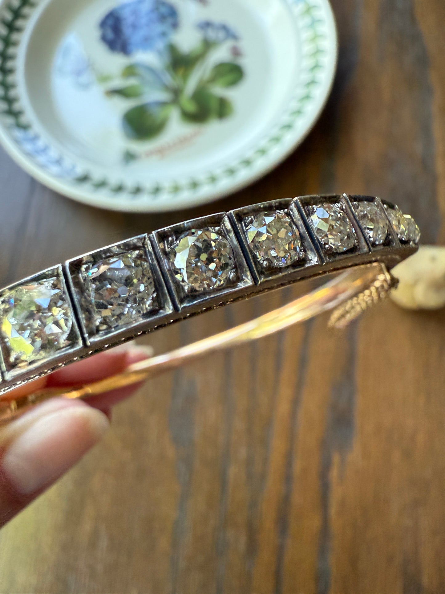 Antique 6.5 CARAT Old Mine Cut DIAMOND Hinged Bangle Line Bracelet 18k Gold Silver Top