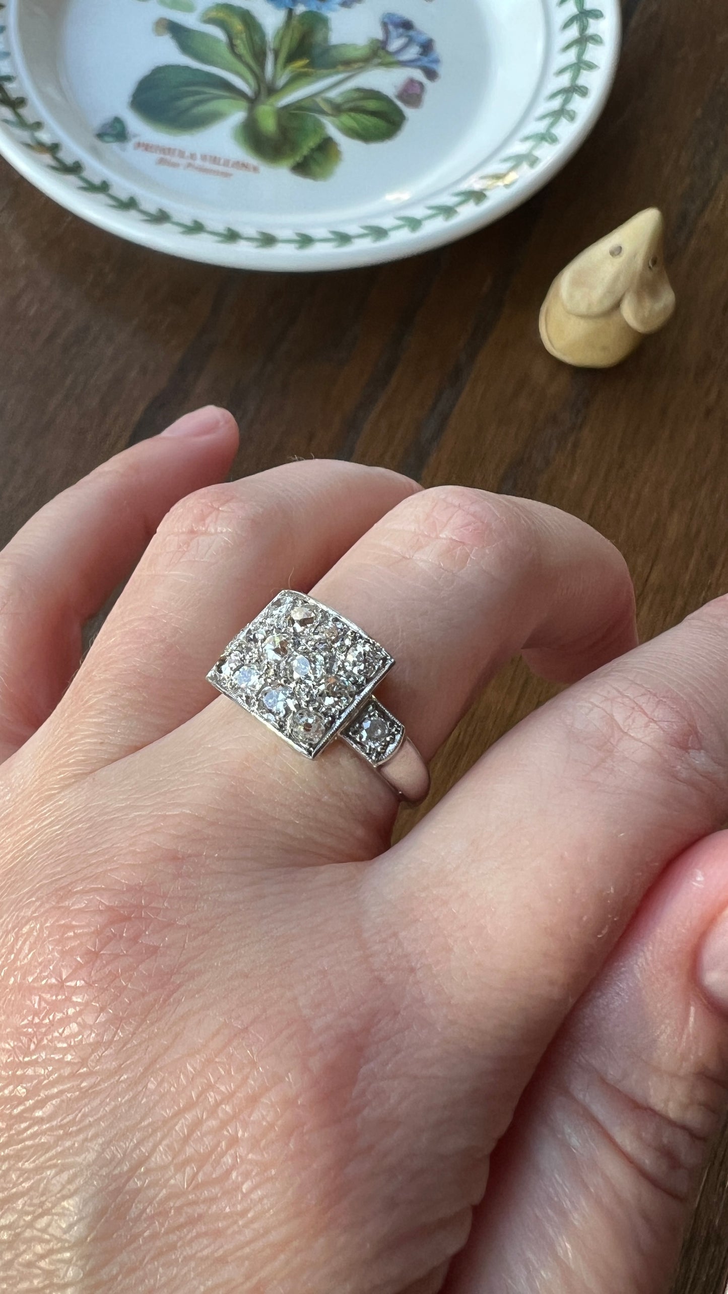 Two Carat 14 Old Mine Cut DIAMOND Curved Cluster Grid Ring French Antique Platinum Cobblestone
