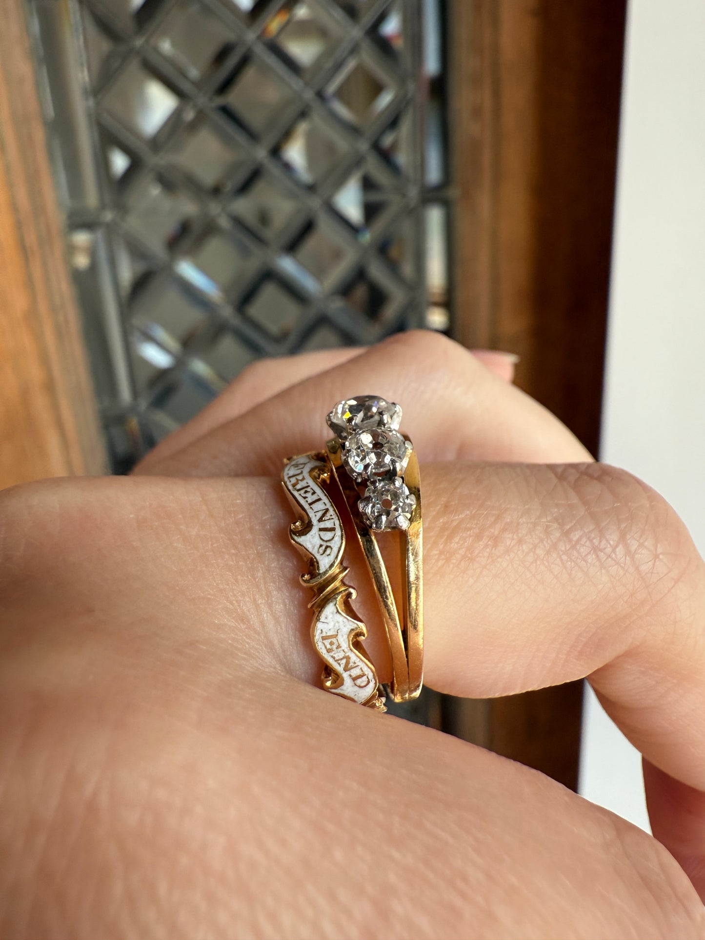 TALL French Vintage Ring 1.65 Carat Antique Old Mine Cut DIAMOND Five Stone Wide Band 18k Gold Platinum Solid Stacker Chunky