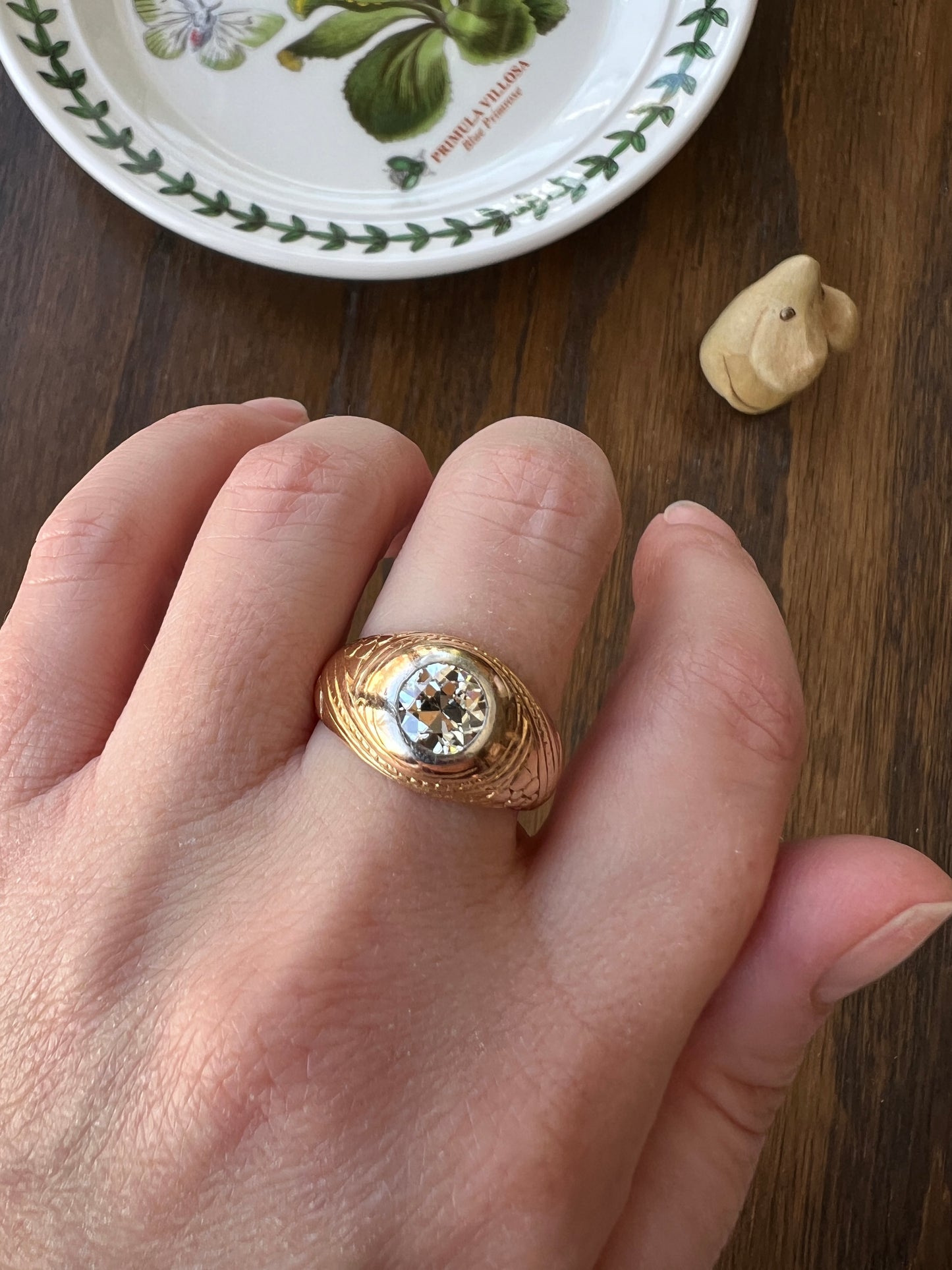 HEAVY 1.2 Carat Transitional Cut DIAMOND French Vintage 12g 18k Gold Forget Me Not Floral Gypsy Band Ring Chunky Unisex