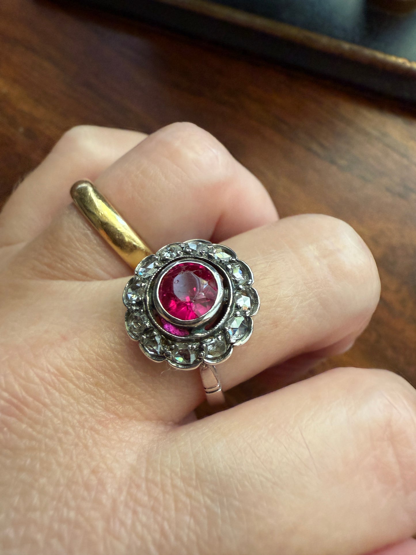 Antique Ruby & Rose Cut Diamond Halo Cluster Ring Pink Red Solid Silver French Edwardian Stacker