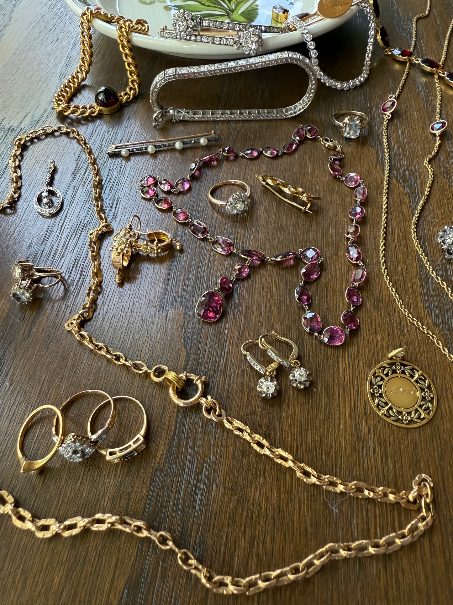 Antique 36 GARNET Riviera Station Chain 10k GOLD Berry Purple Pink Chunky Lariat Y Necklace Collar
