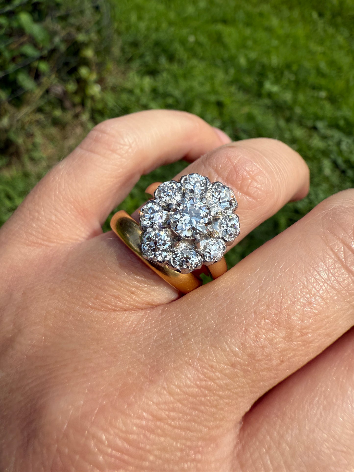 ANTIQUE 2.6 Carat 9 Old Mine Cut DIAMOND Daisy Cluster Ring 18k Gold & PLATINUM Belle Epoque Romantic Gift OmC Victorian Oval