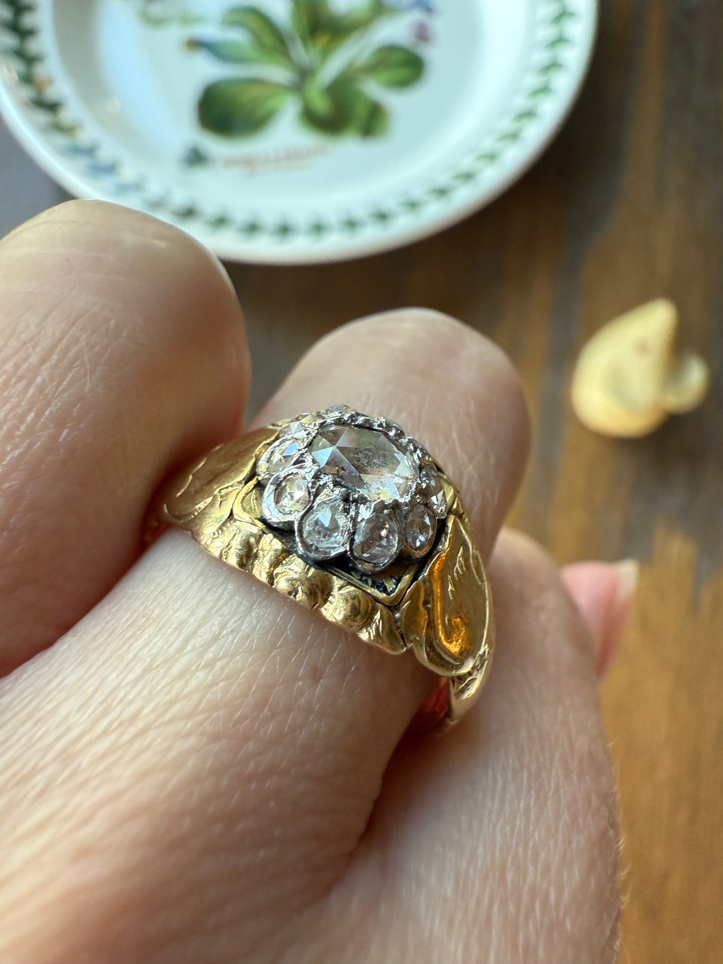 Chunky ANTIQUE Rose Cut Diamond Daisy Cluster Wide Band Heavy 18k Gold Gypsy Georgian Victorian Signet Man or Unisex Face Up 1 Carat Pink