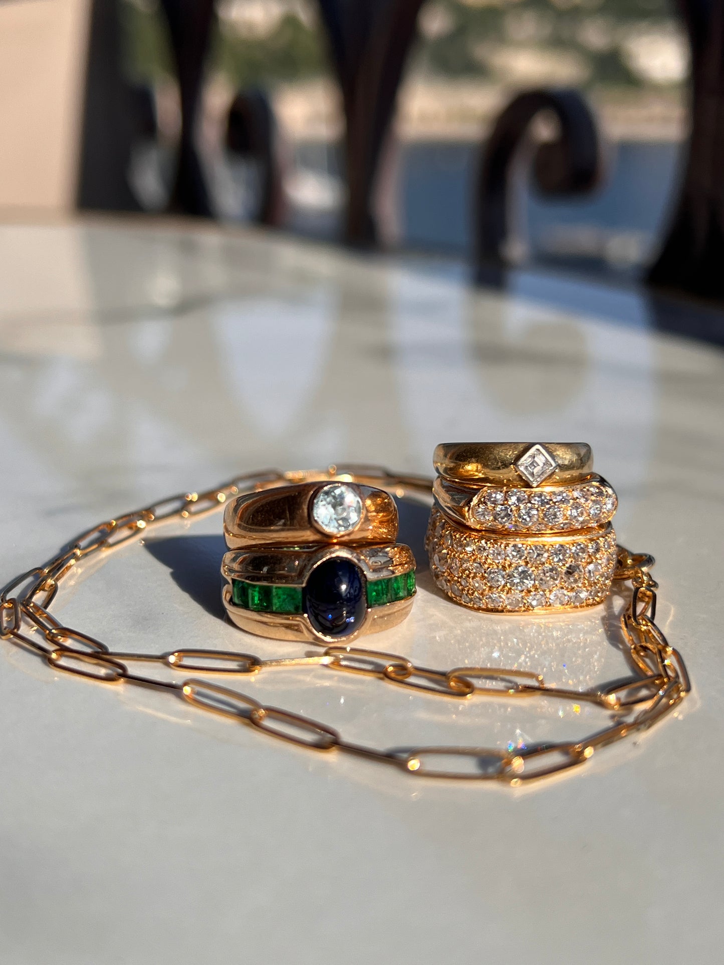 AQUAMARINE French Vintage 18k Gold Gypsy Wide Band Solitaire Ring Chunky Pale Blue Stacker