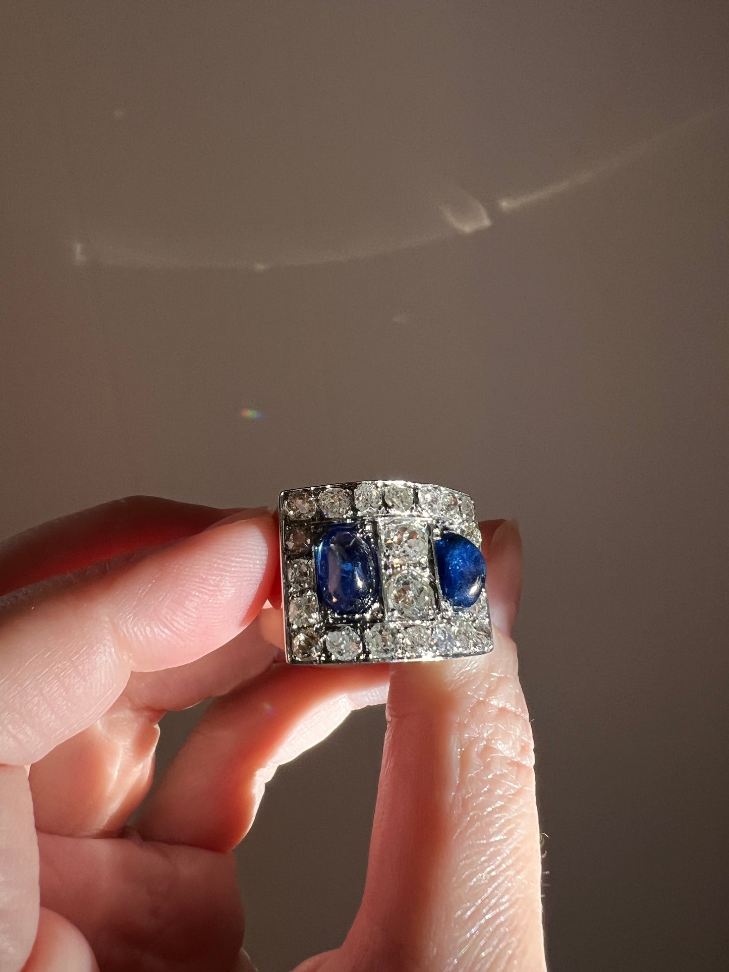 Mega 3.8 CARAT Old Mine Cut DIAMOND Two Sugarloaf Sapphire XL Heavy French Vintage 18k Gold Platinum Tank Ring Chunky Blue