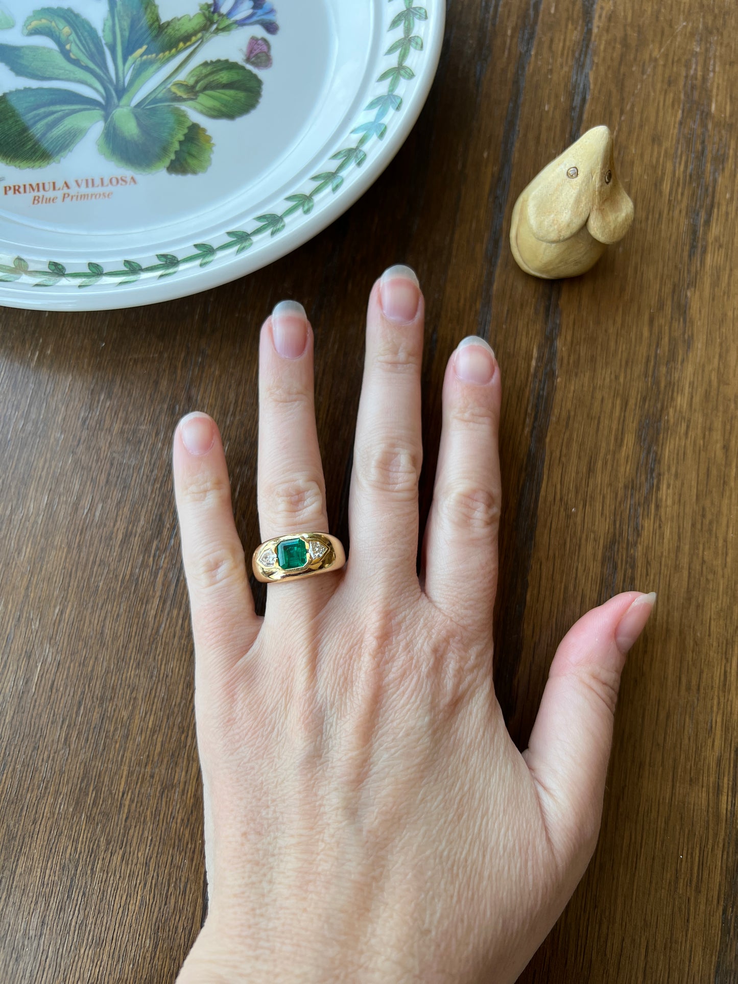 HEXAGON SHIELD Diamond Green EMERALD Chunky Vintage Three Stone Gypsy Ring French 18k Gold Wide Band Natural Heavy