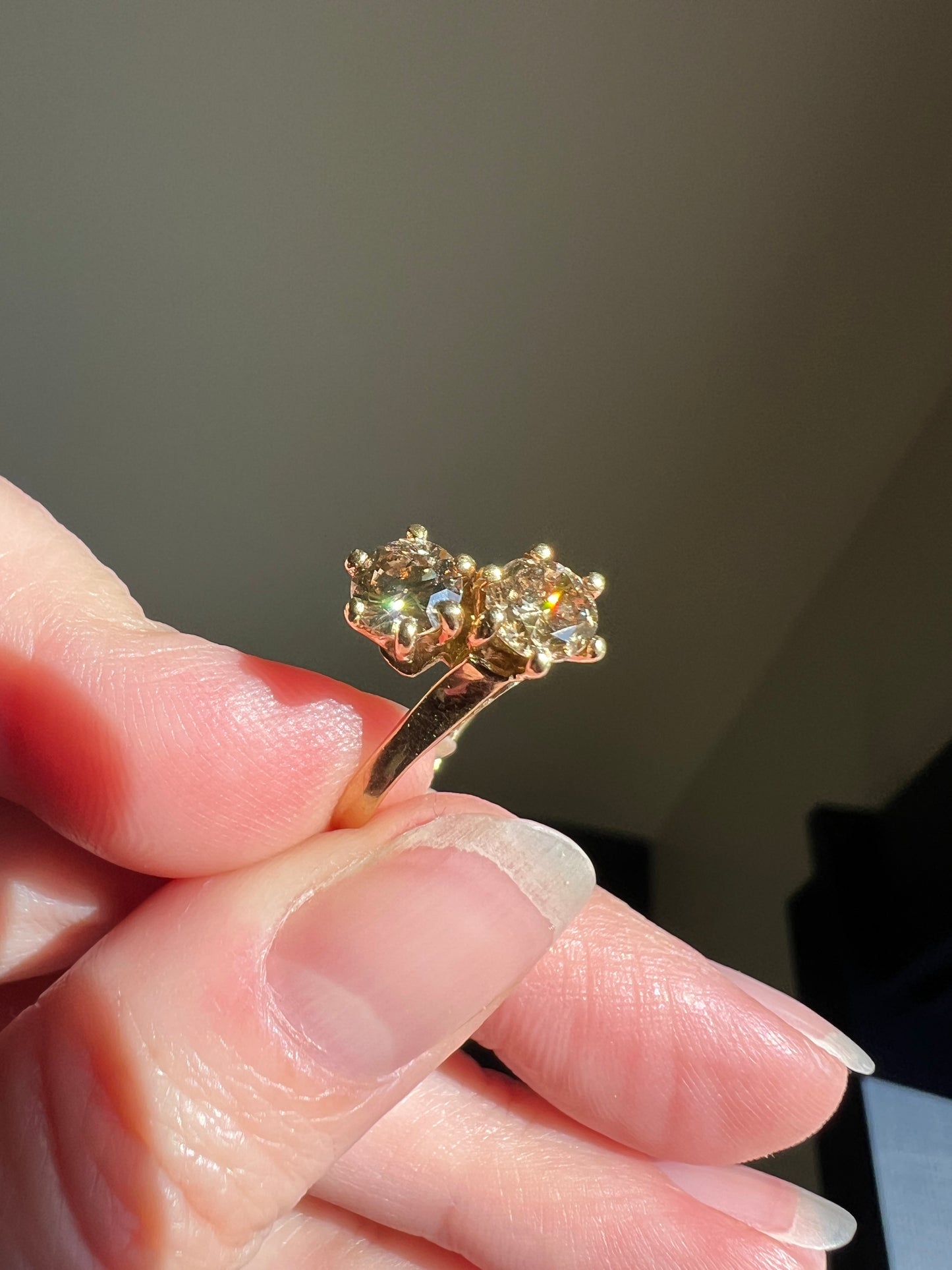 Fancy BROWN 1 Carat Tdw Transitional Cut DIAMOND Toi et Moi Ring 18k Gold Tall Champagne Cognac Stacker French Romantic Gift