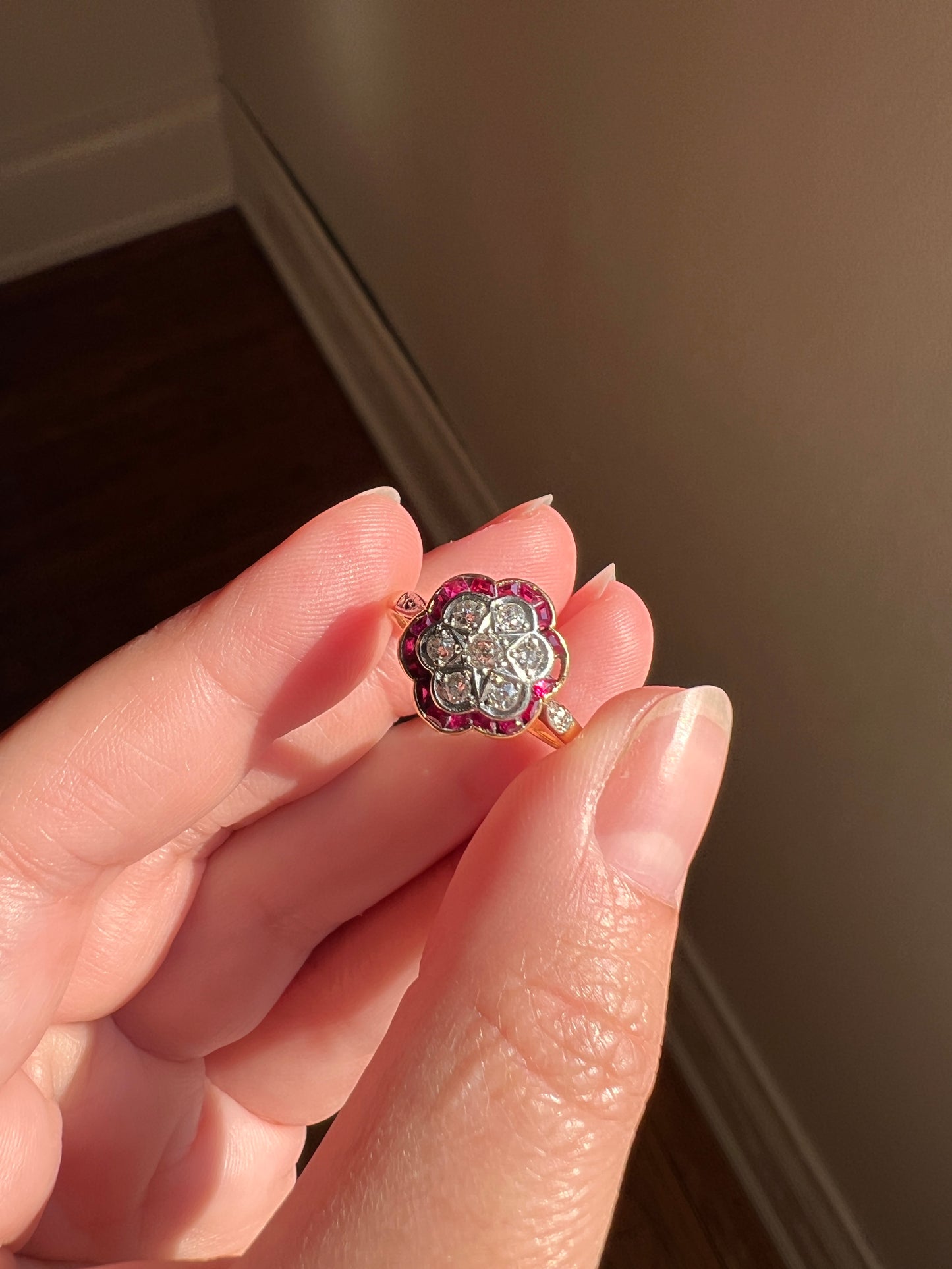 FLORAL Ruby HALO Old Mine Cut Diamond Ring STAR Detail 18k Gold Platinum French Antique