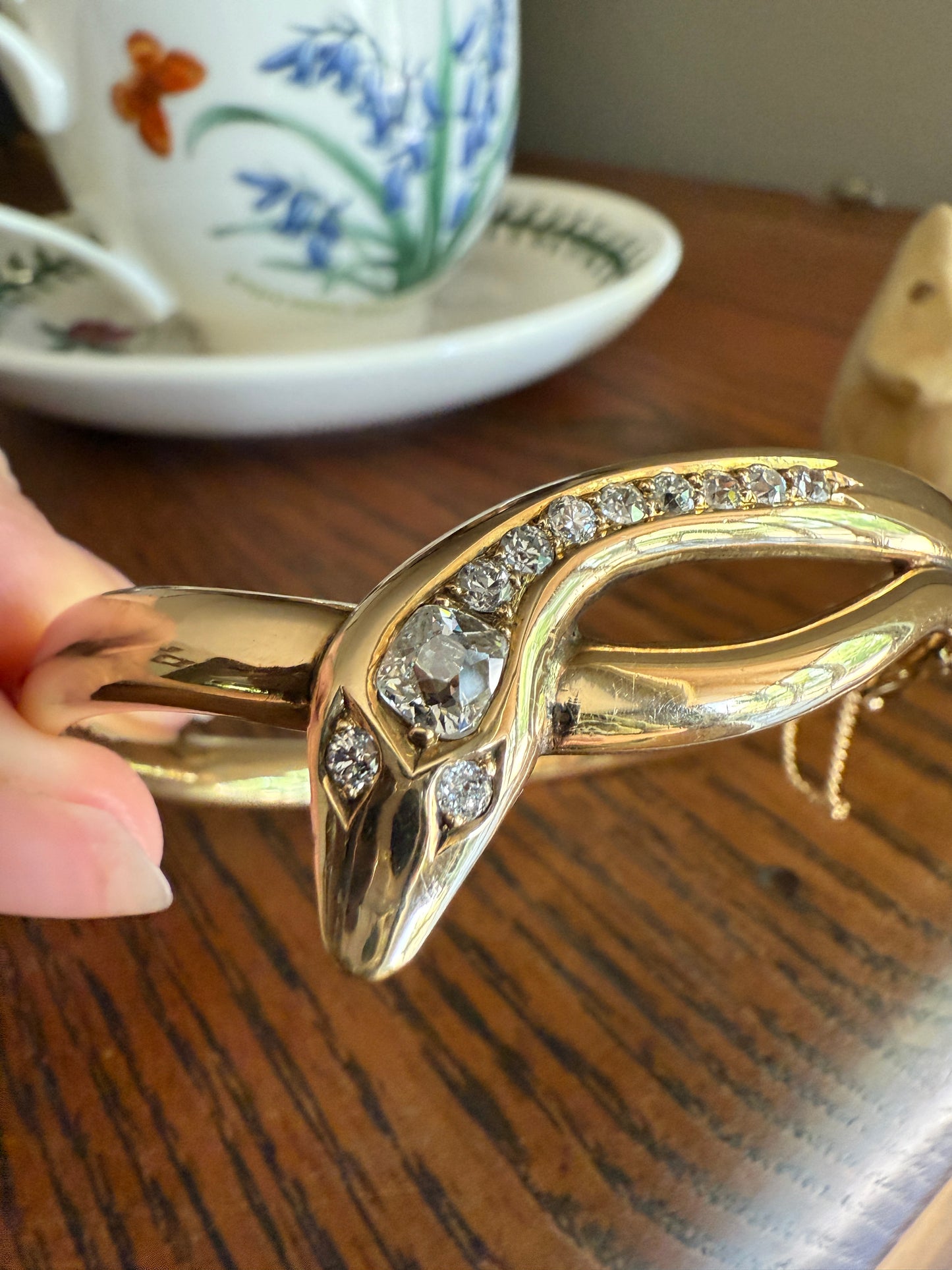 SNAKE Antique 1.3 Carat Old Mine Cut DIAMOND 32g 14k GOLD Chunky Heavy Bangle Bracelet Figural