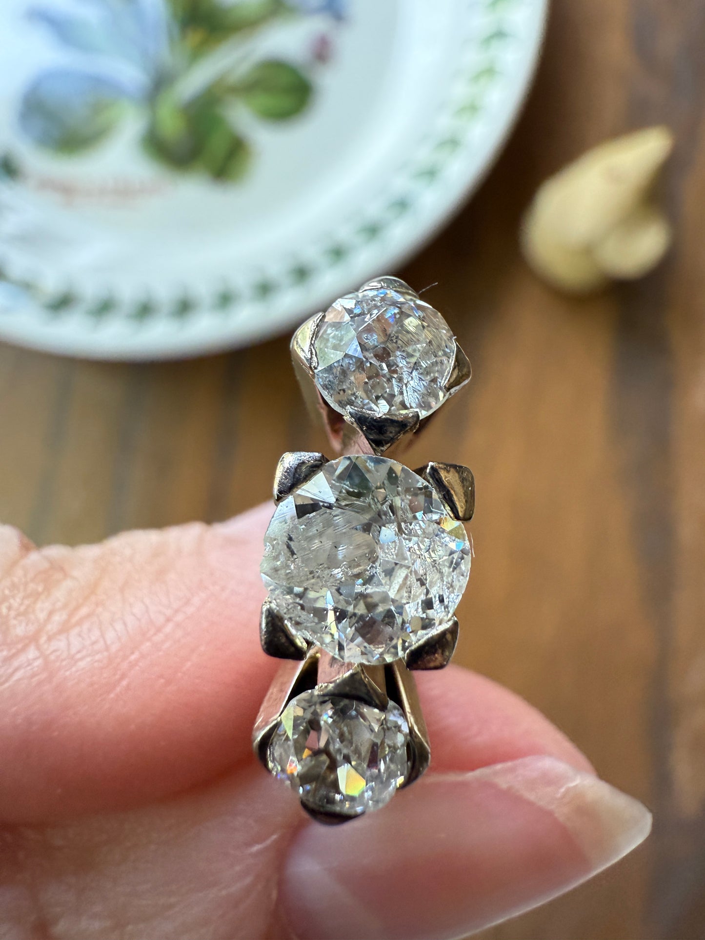 TALL Antique 2 CARATS Three Stone Chunky Old Mine Cut Diamond Ring 18k White Gold Art Deco