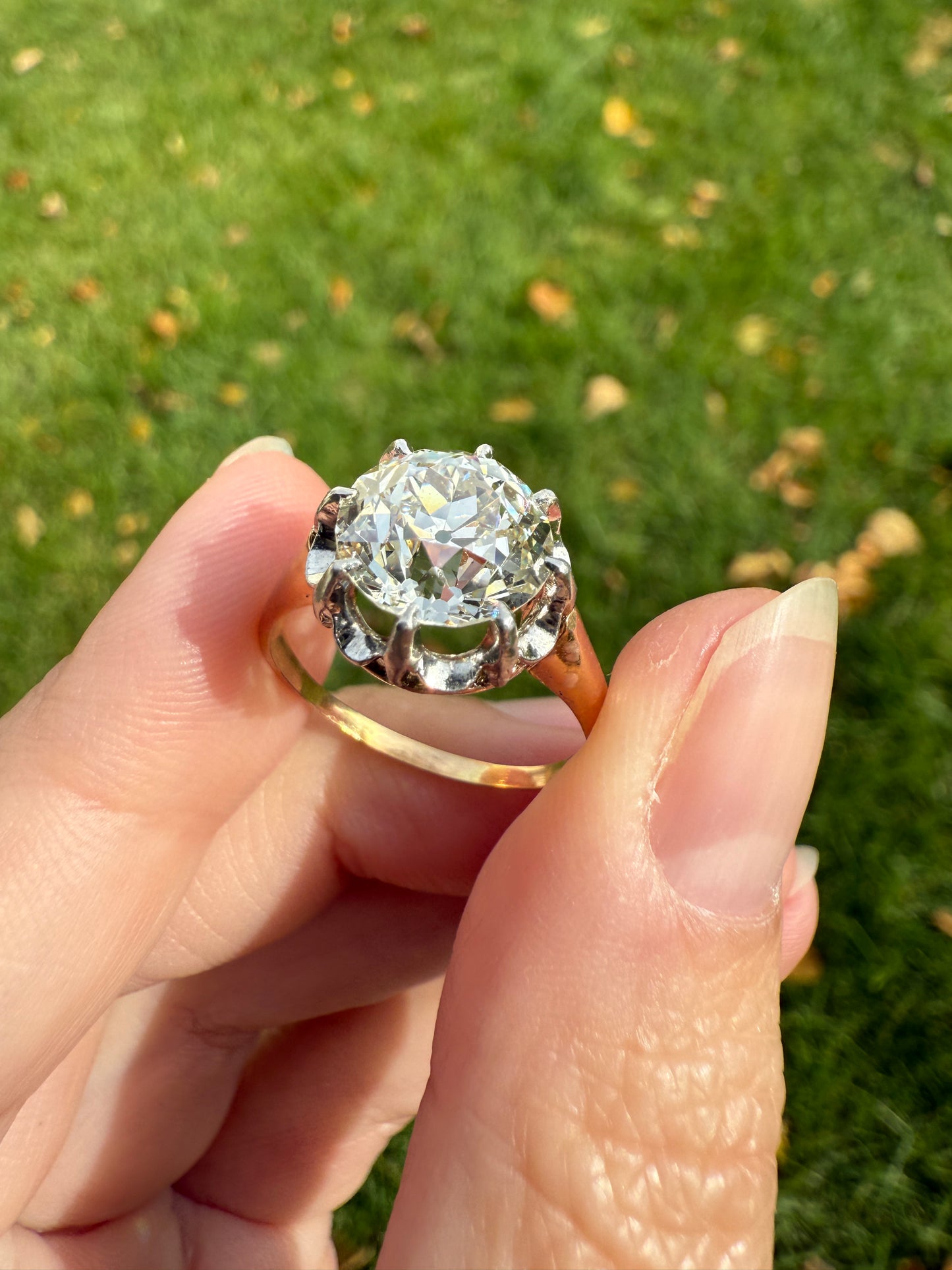 Special French Original Antique 3.5 CARAT Old European Cut DIAMOND Eye Clean Solitaire Engagement Ring 18k Rosy Gold Platinum Fiery OEC