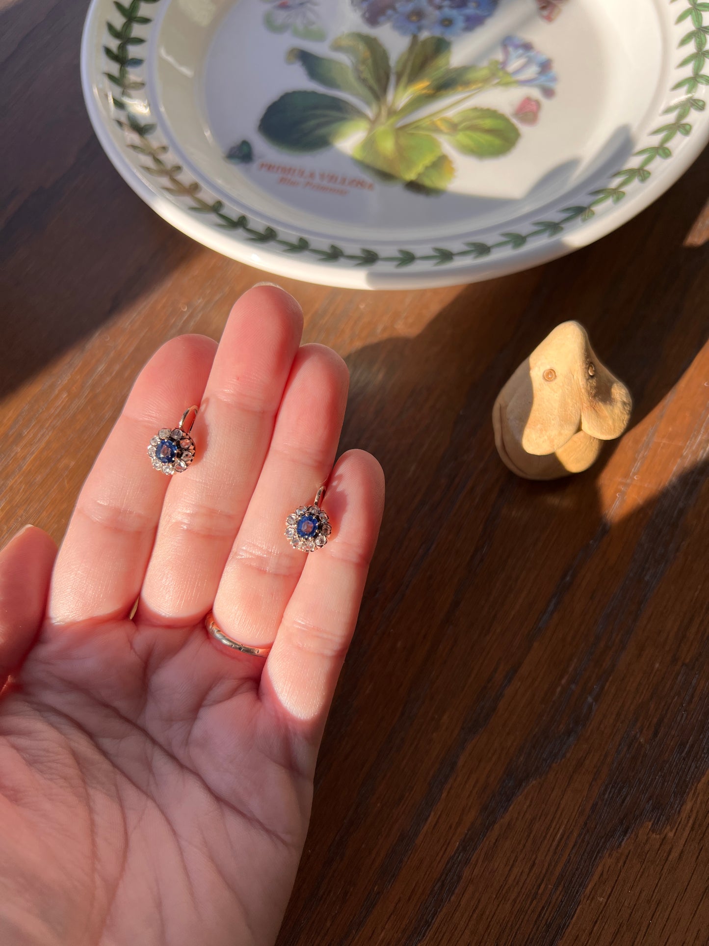 Antique Blue SAPPHIRE .7 Carat Rose Cut DIAMOND Halo Earrings 14k Gold Victorian Dangle Dormeuse Gift Bridal Something Old Blue Holiday Gift