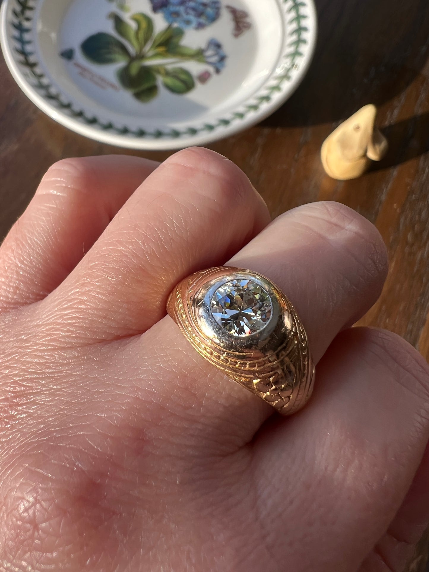 HEAVY 1.2 Carat Transitional Cut DIAMOND French Vintage 12g 18k Gold Forget Me Not Floral Gypsy Band Ring Chunky Unisex