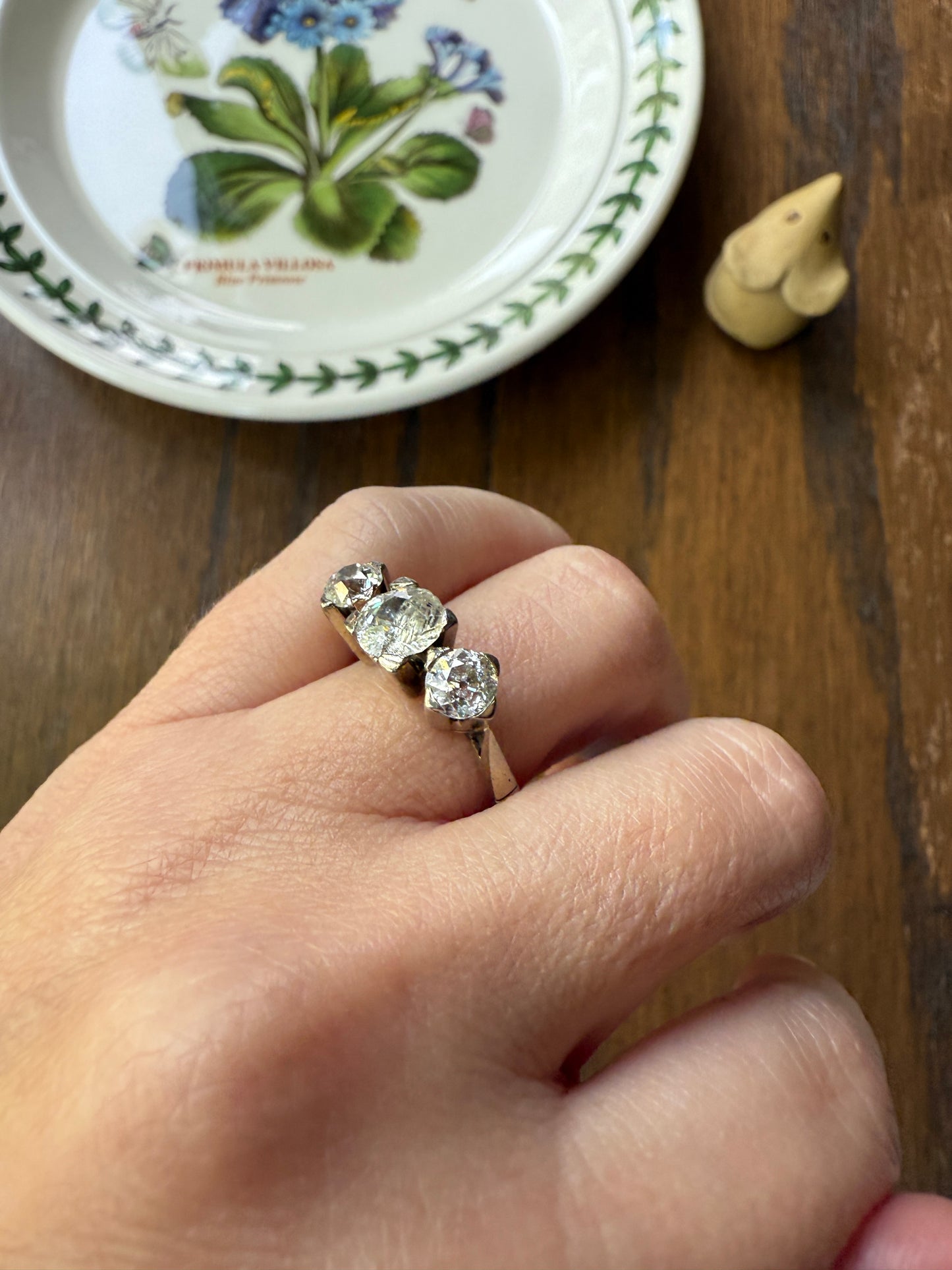 TALL Antique 2 CARATS Three Stone Chunky Old Mine Cut Diamond Ring 18k White Gold Art Deco