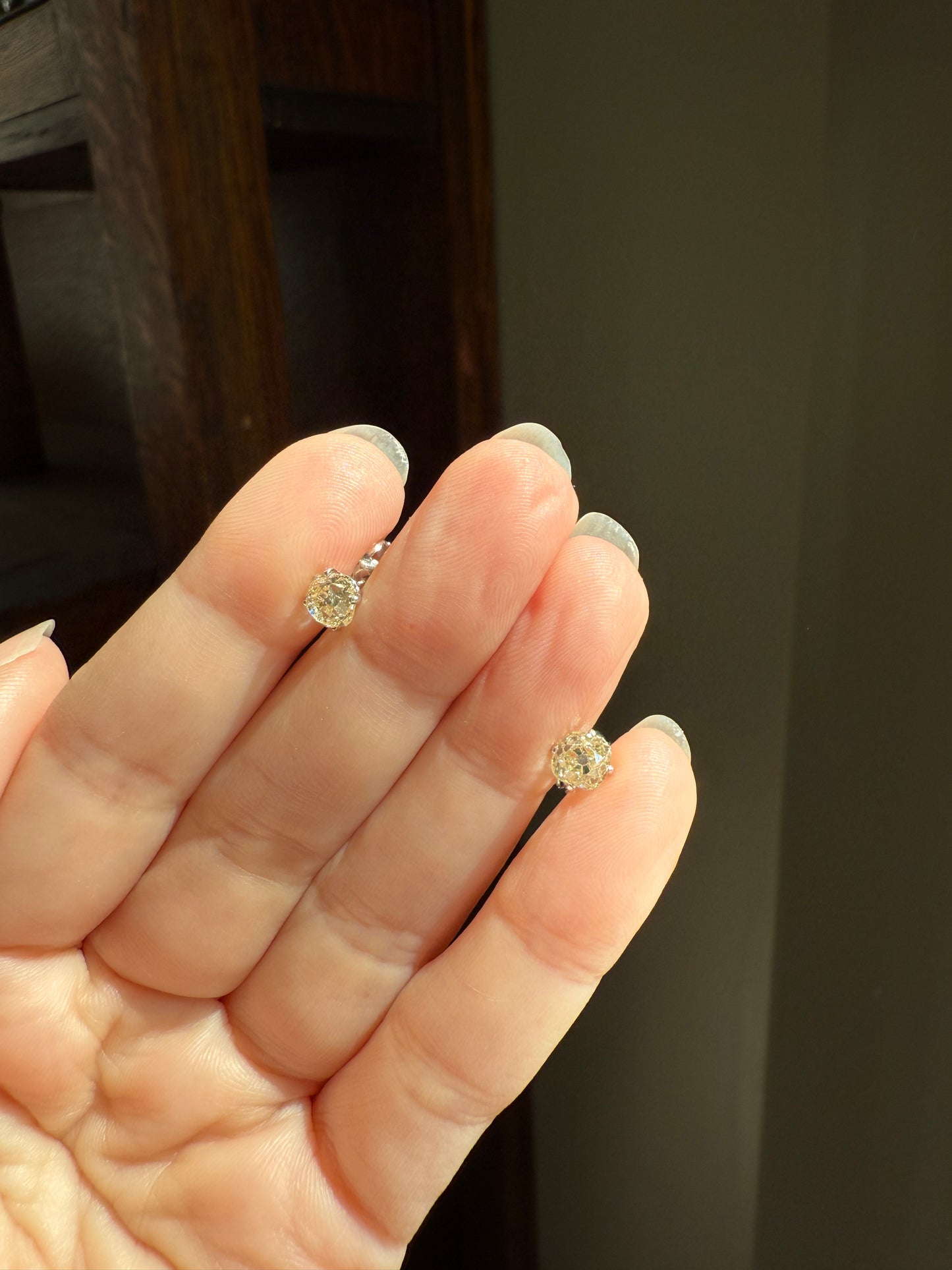 Old Mine Cut 1.3 Carat Tdw DIAMOND Stud Earrings French 18k White GOLD Warm Chunky Antique Stones Later Prong Set