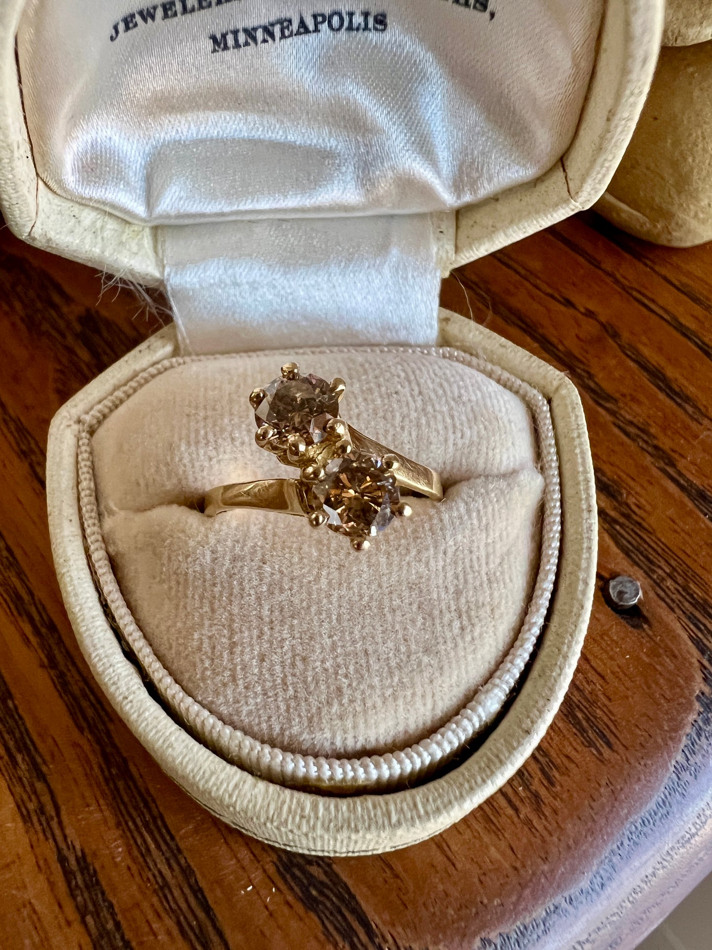 Fancy BROWN 1 Carat Tdw Transitional Cut DIAMOND Toi et Moi Ring 18k Gold Tall Champagne Cognac Stacker French Romantic Gift