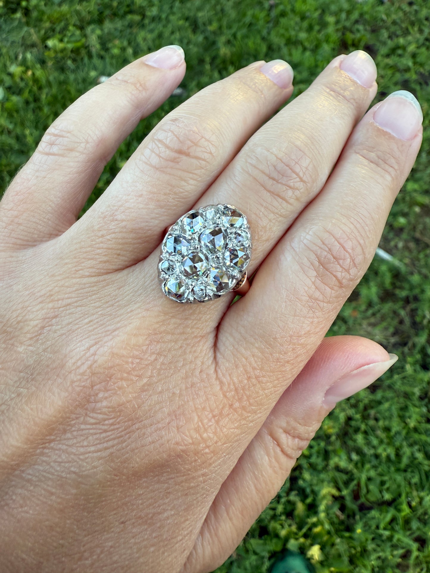 Extraordinary French Antique 3 Carat Scale Dutch Rose Cut DIAMOND 18k Gold Platinum Cluster Oval Stacker Rare Disco Ball Bauble