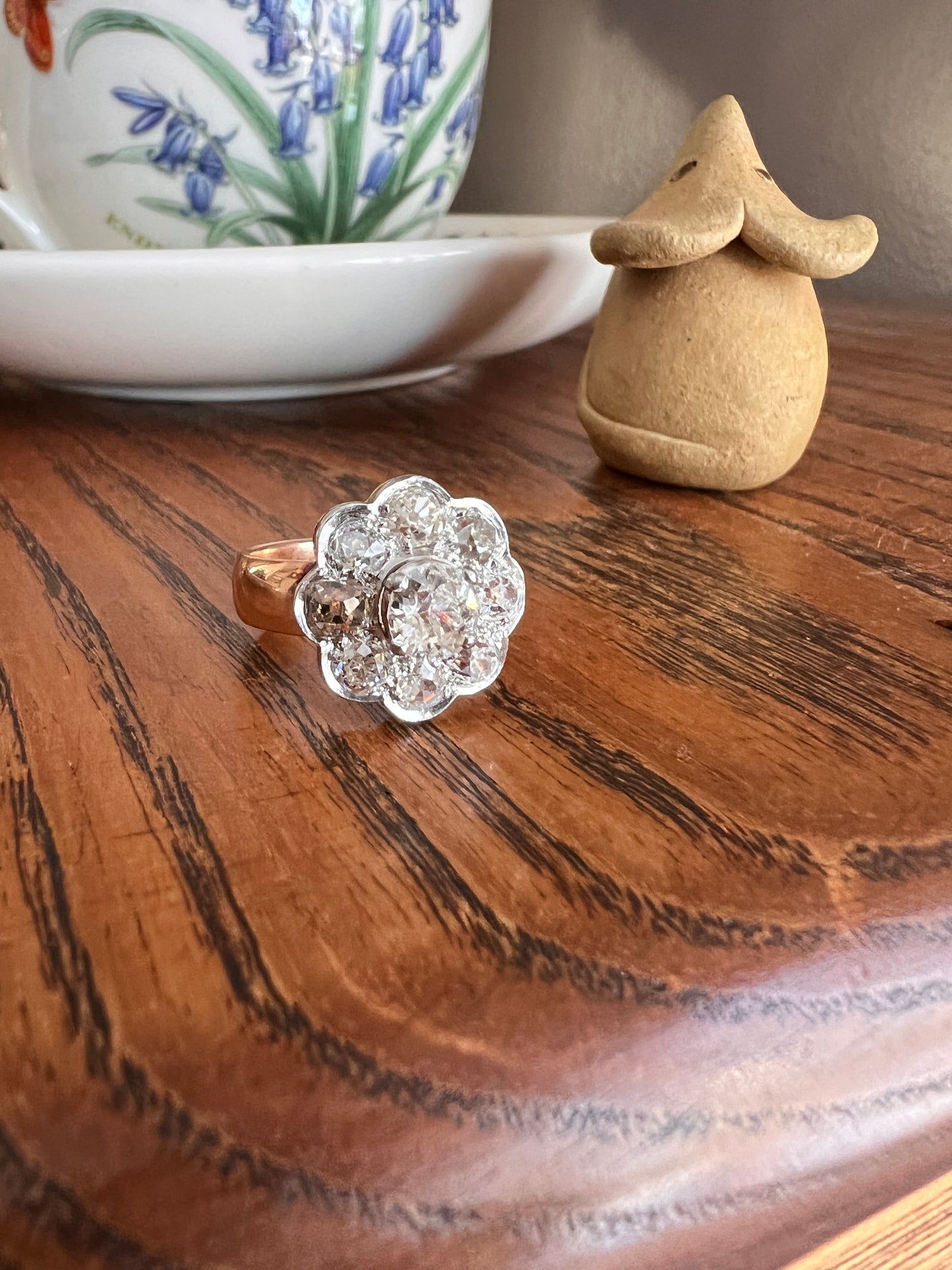 Large ANTIQUE 2.6 Carat Nine Stone Old Mine Cut Halo DiAMOND Ring 18k Gold PLATiNUM Wide Band Daisy Cluster