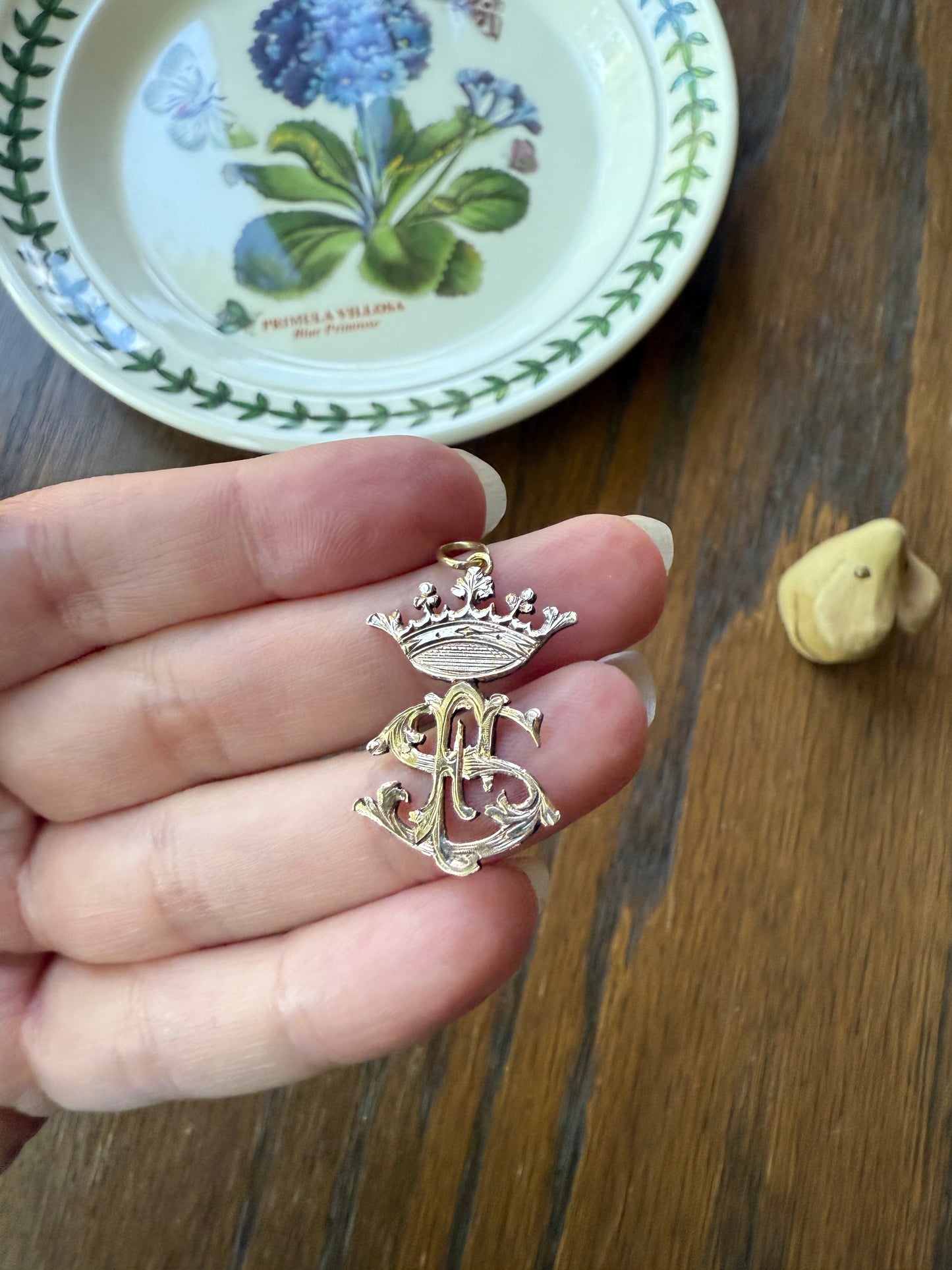 CROWN Figural Initial Pendant S E or F ? Solid Silver Vermeil Gold Plated Front Unique Charm Hand Engraved Openwork Detail