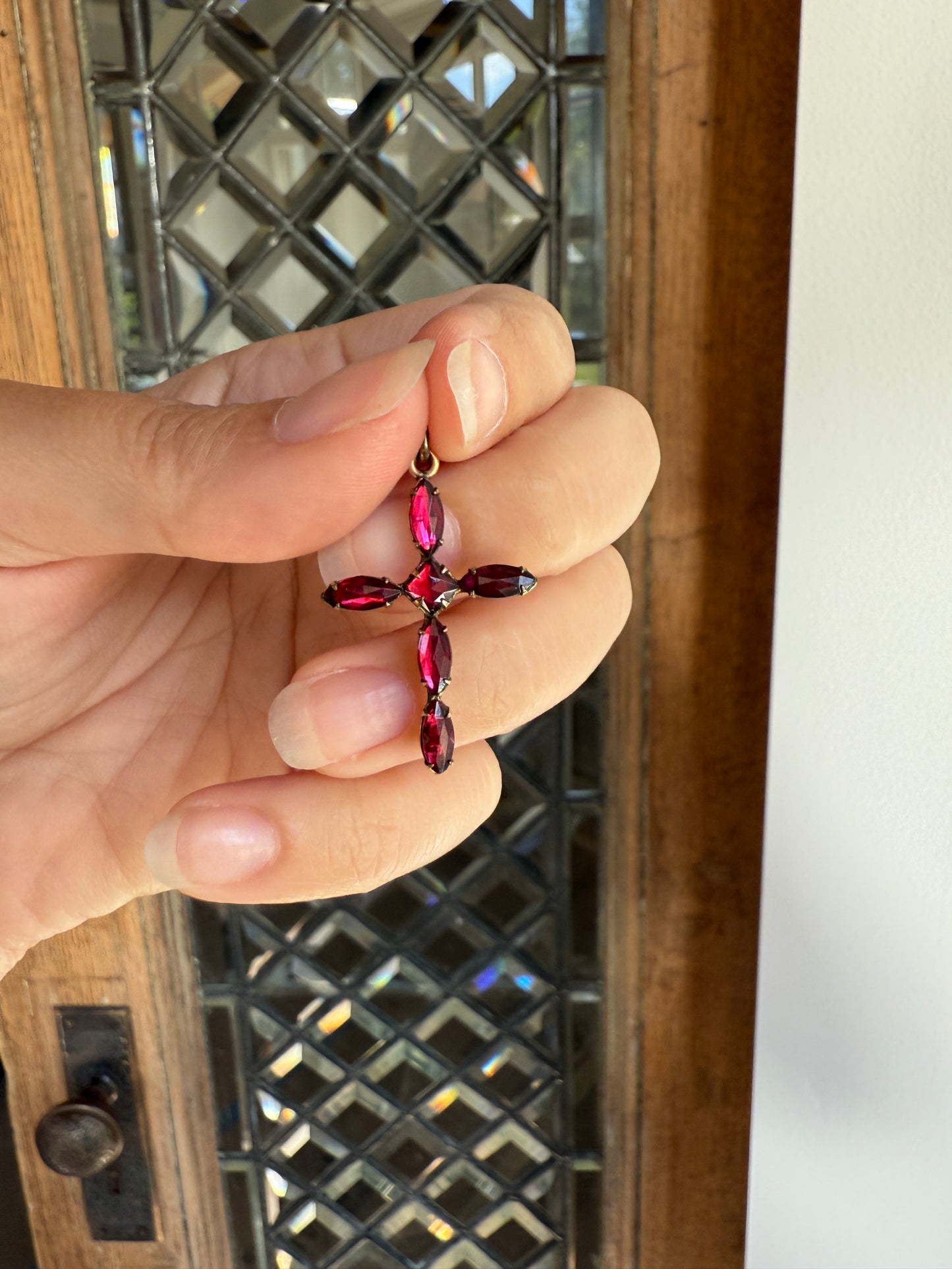 CROSS Figural Pendant French Antique Gold Fill Vibrant Pink Fuchsia Paste Rhinestone Faux Perpignan Garnet Marquise