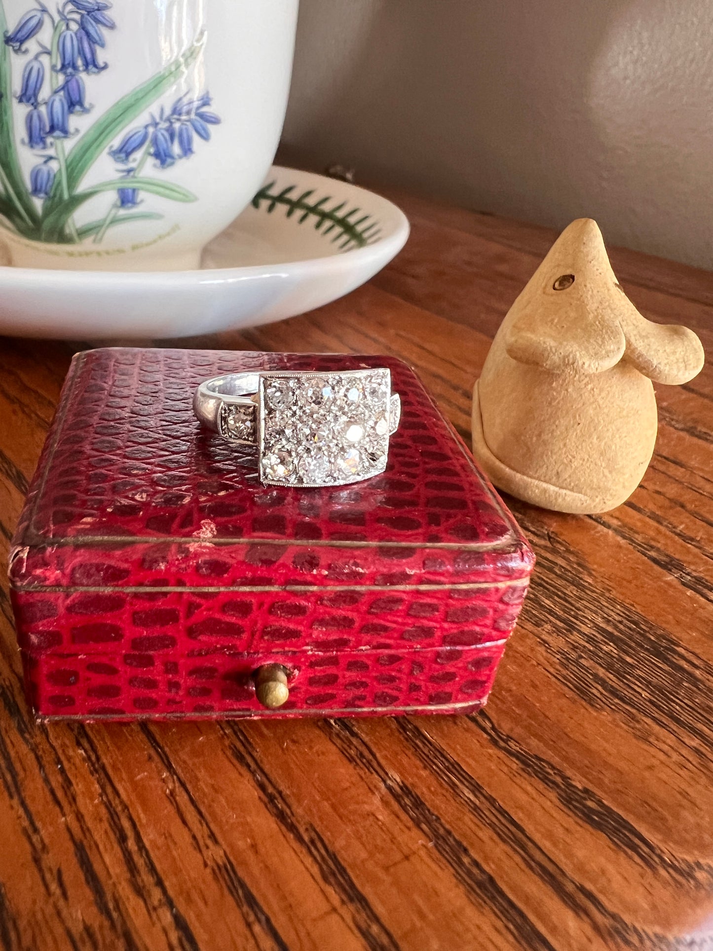 Two Carat 14 Old Mine Cut DIAMOND Curved Cluster Grid Ring French Antique Platinum Cobblestone