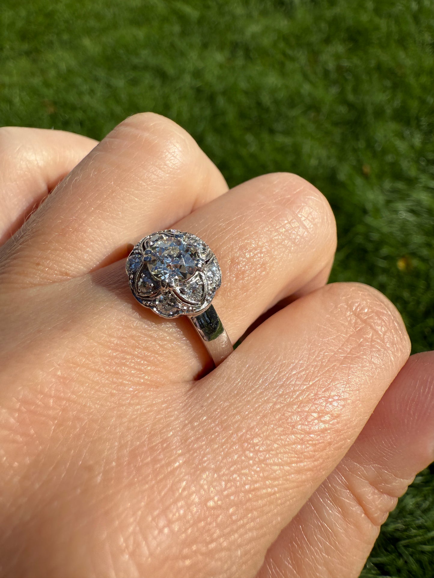 Vintage 1 Carat Tdw Antique Old European Cut Diamonds 18k White Gold Ring Scandinavian Domed Ornate Cluster Ring Art Deco Edwardian Style
