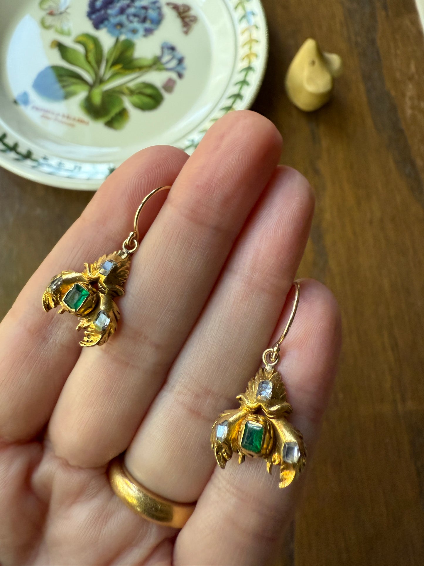 Antique EMERALD Table Cut DIAMOND Enamel Backed 18k Gold & 14k Dangle EARRINGS Georgian Renaissance Revival Green One of a Kind