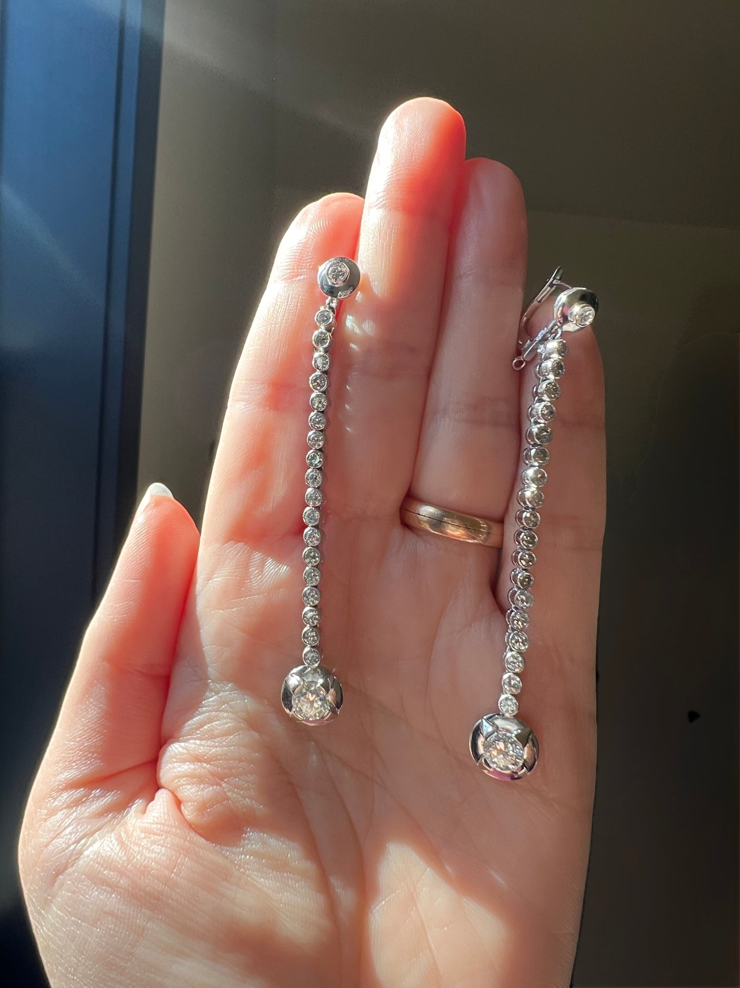 Extra LONG 2.8" Transitional Single Cut DIAMOND 3.6 Carats Tdw Dangle Earrings French Vintage 18k White Gold Platinum