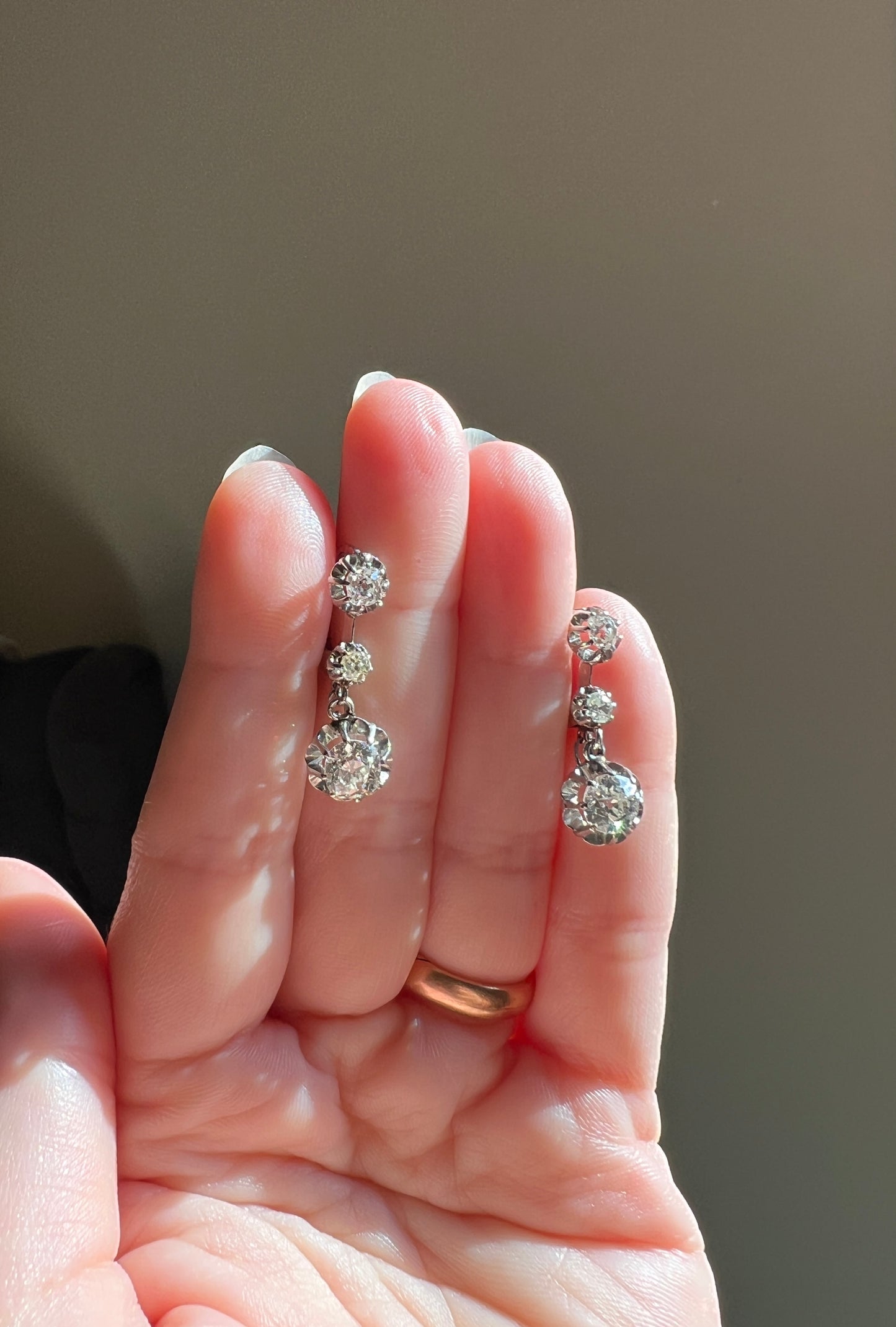 Boxed 2.4 CARATS French Antique PLATINUM Gold Wash Old Mine Cut DIAMOND Dangle Dormeuse EARRINGs Belle Epoque Edwardian Bridal