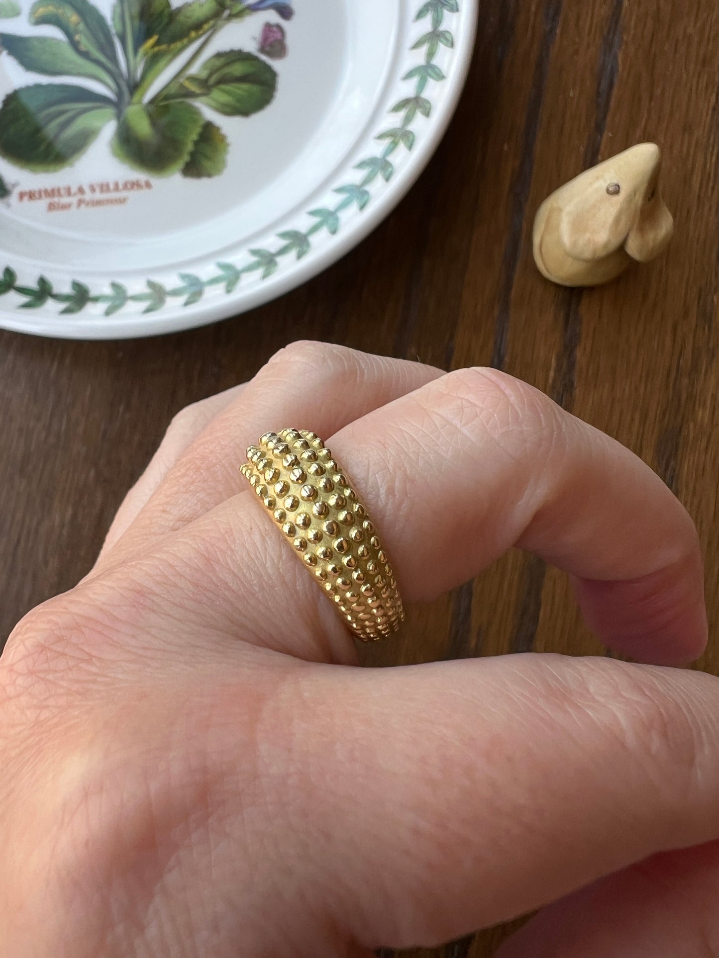 Heavy Ball Rivet Domed Band French Beaded 18k Gold Ring Satin & Shine Chunky Bombe Stacker Glowing 360 Texture Layering