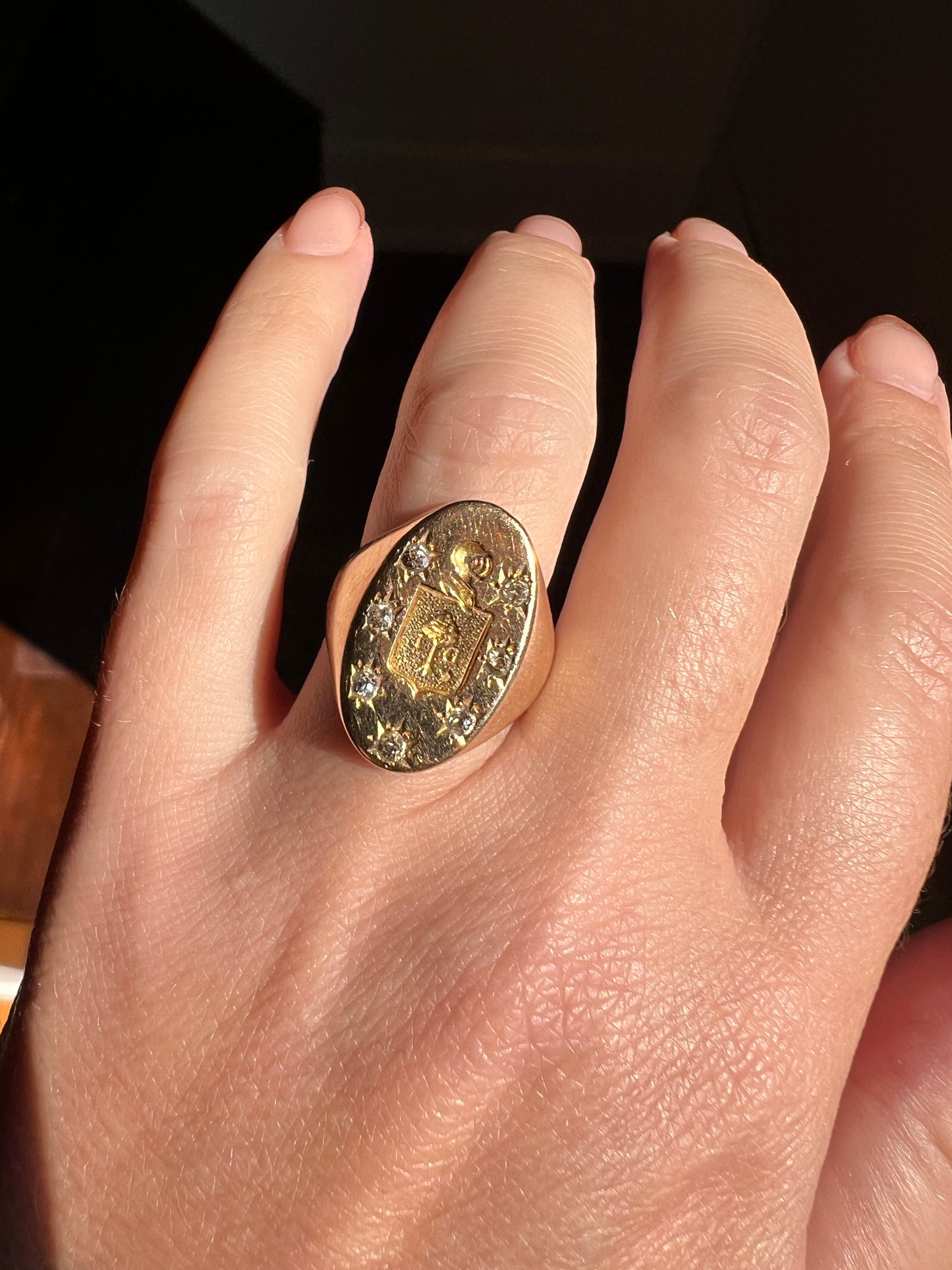 Old Mine Cut DIAMOND Starburst HEAVY French Antique Signet RING 13g 18k Gold Solid Helmet Coat of Arms Chunky