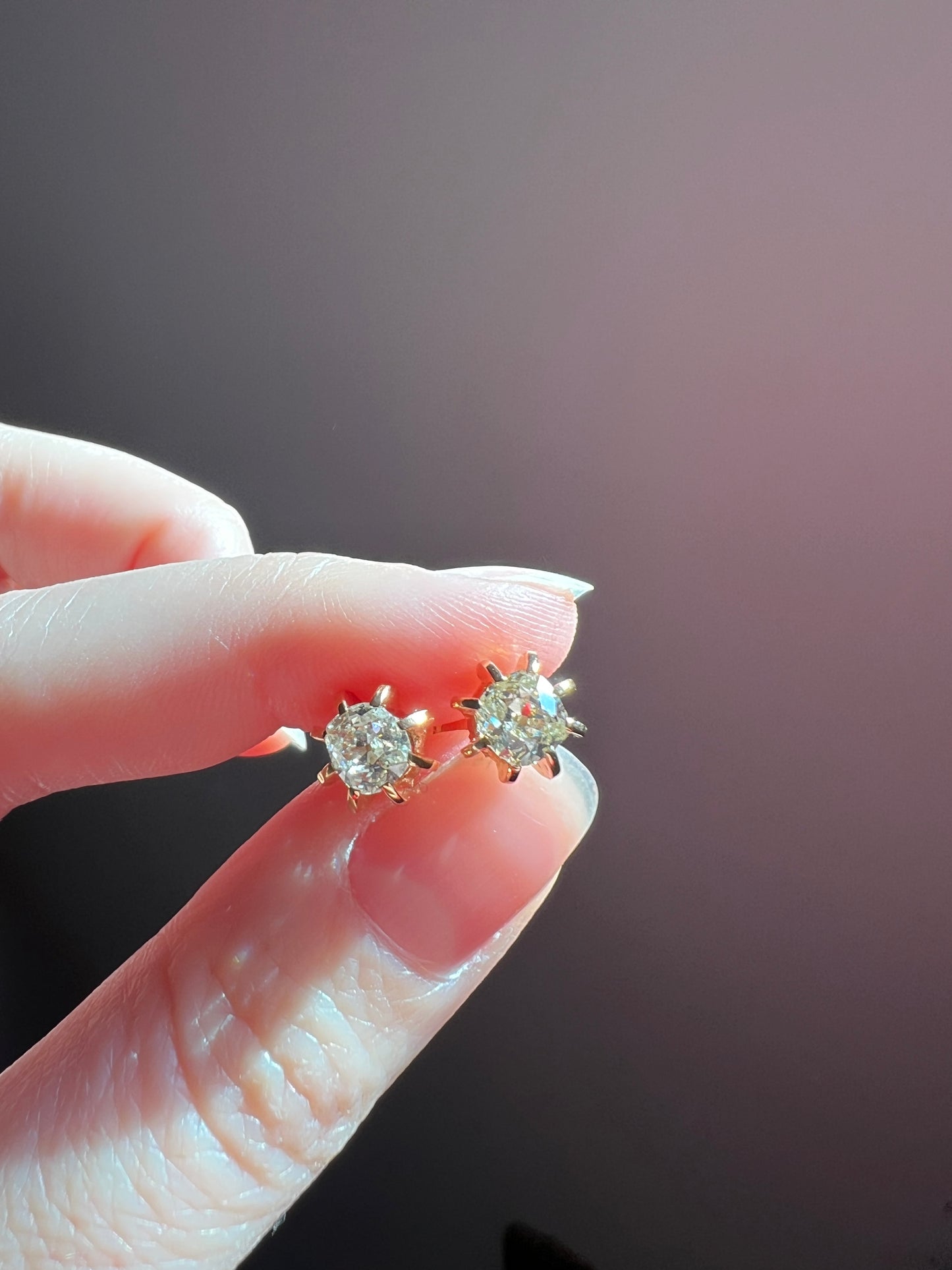 Antique Eye Clean One Carat Tdw Cushion Old Mine Cut DIAMOND Prong Stud Earrings French 18k Gold