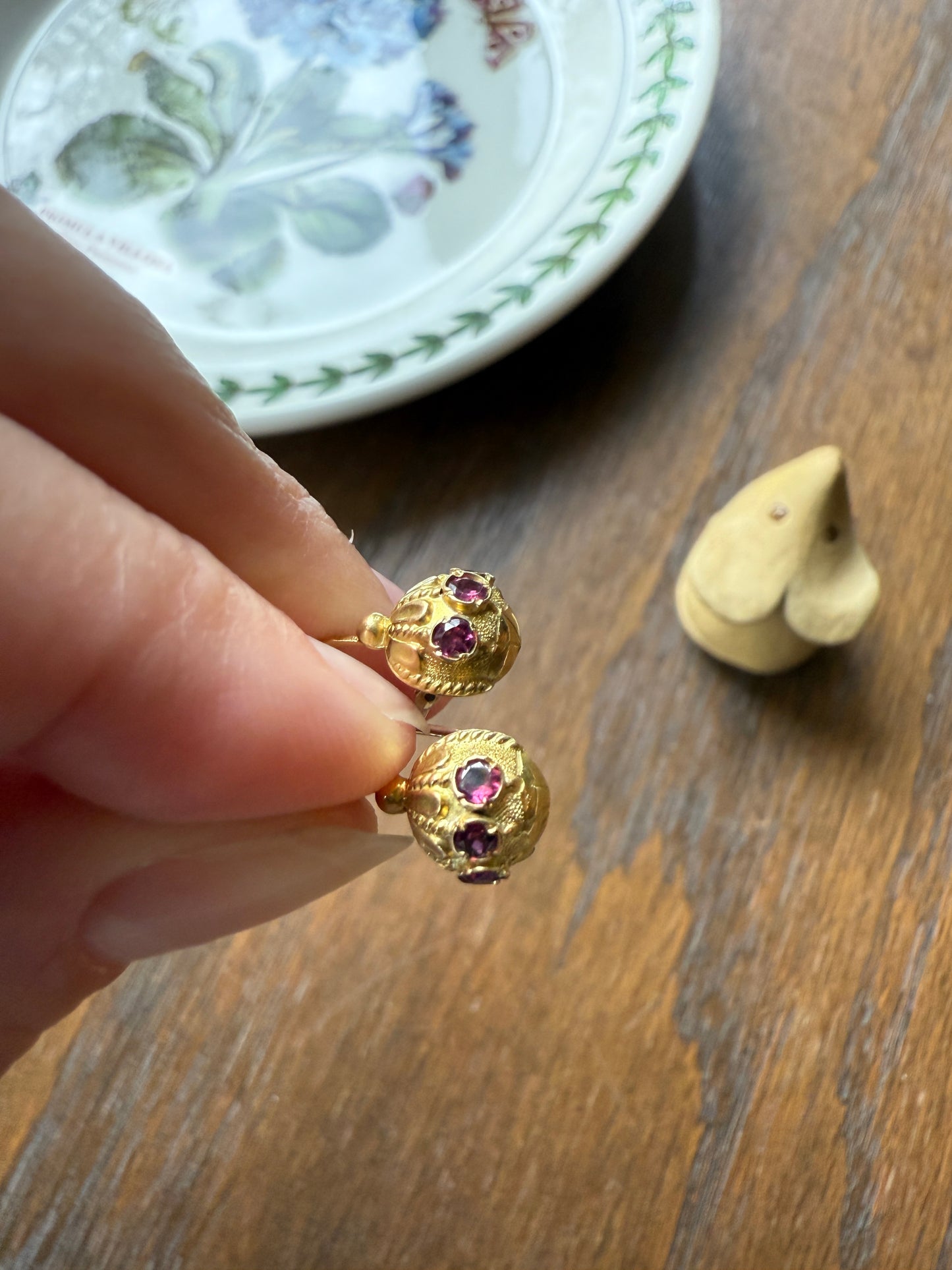 Domed Dormeuse Dangle Earrings French Vintage Art Deco Garnet Gold Fill Geometric