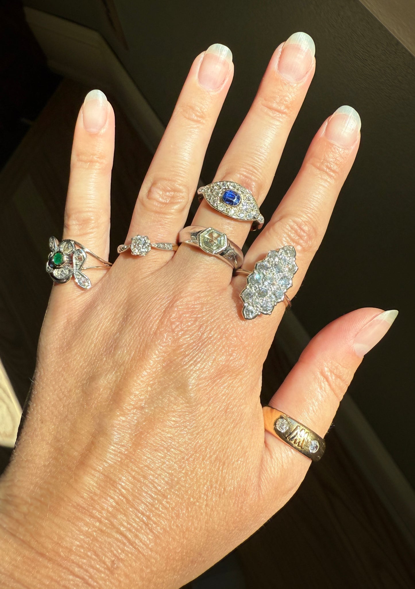 Rare HEXAGON Natural Diamond Pale Yellow French Vintage 18k White Gold Gypsy Ring 9.1g Chunky Sturdy Stacker Unisex Step Cut Beveled Band