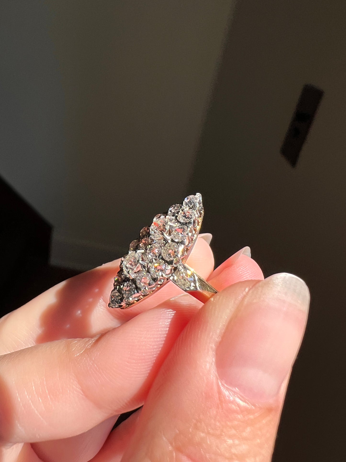 Unique Antique 1.75 Carat Old Mine Cut DIAMOND Toi et Moi Navette Cluster Ring French 18k Gold