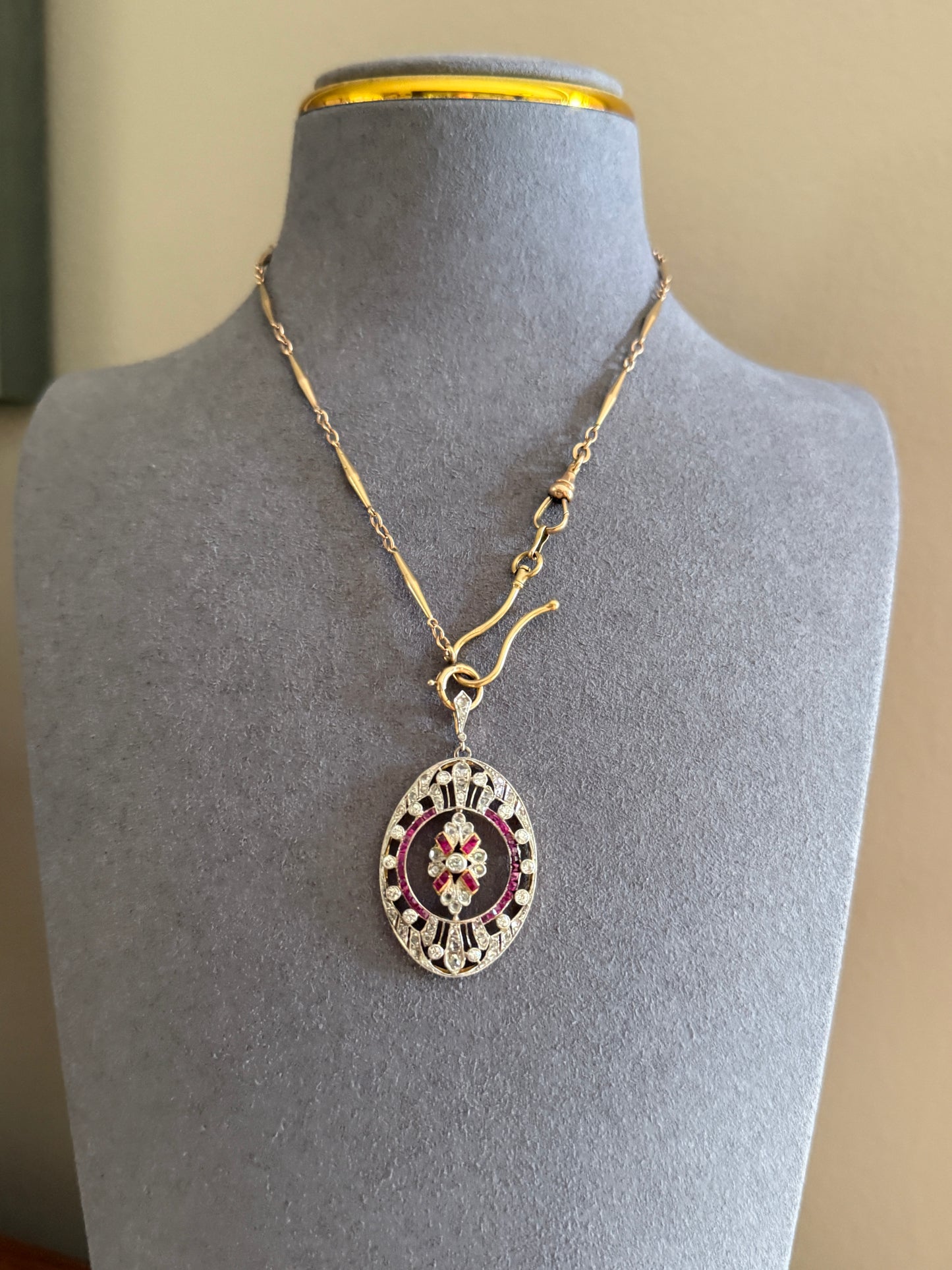 XL French Edwardian Ruby 1.75 Carat Old Mine Rose Cut DIAMOND 18k Gold Oval Pendant Open Work Medallion Pink Carre Cut Halo