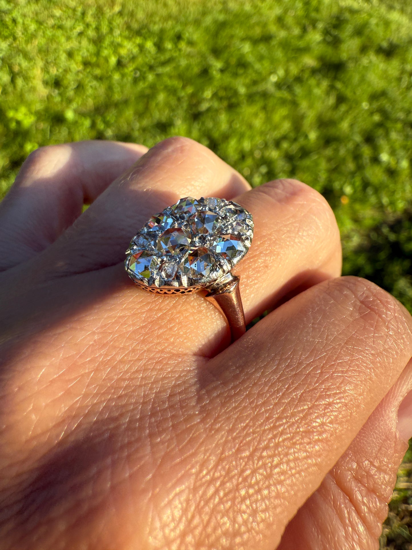 Extraordinary French Antique 3 Carat Scale Dutch Rose Cut DIAMOND 18k Gold Platinum Cluster Oval Stacker Rare Disco Ball Bauble