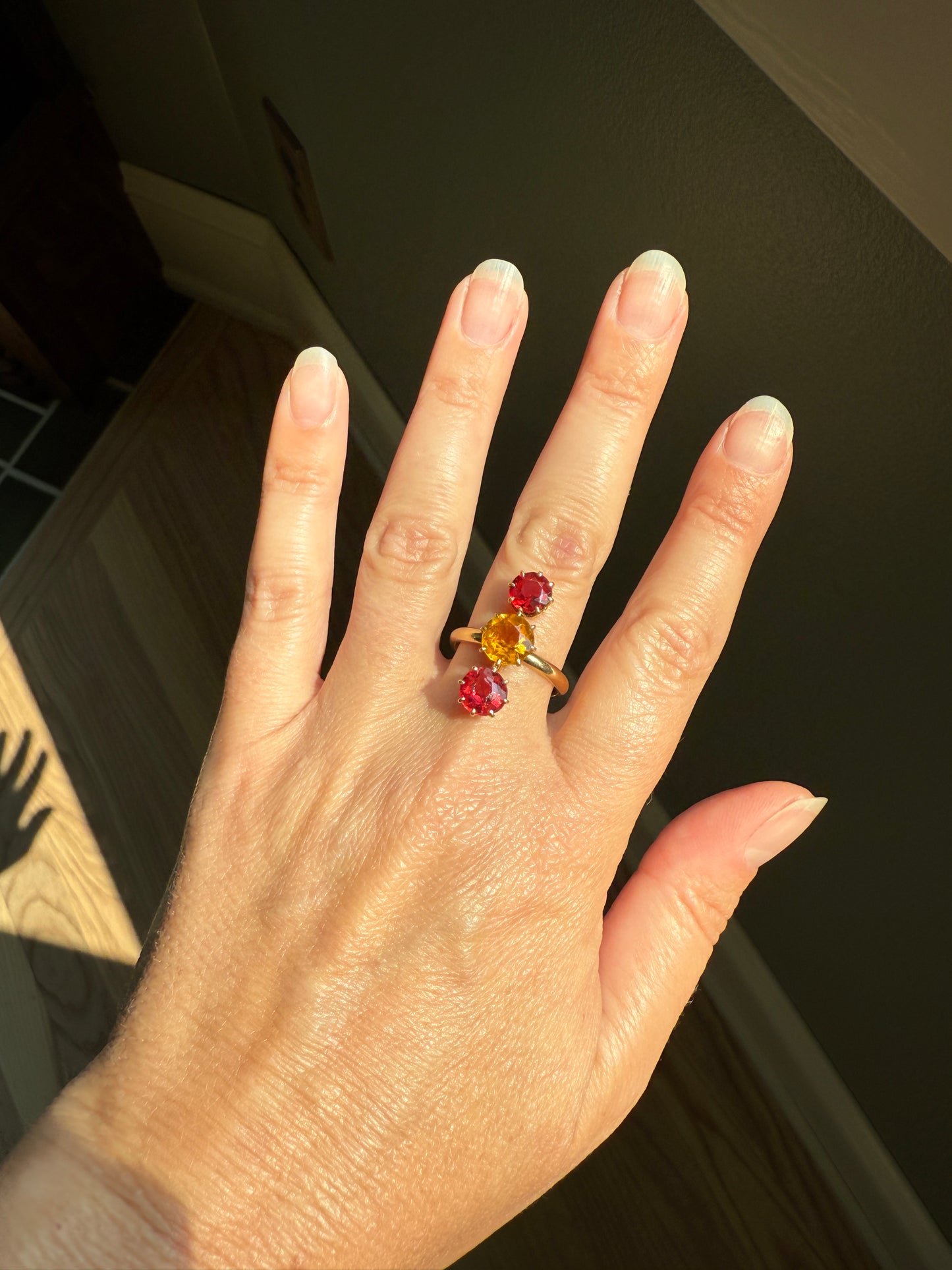 Dated 1924 Old Cut Antique Paste Three Stone Yellow & Red Crown Prong Setting 18k Gold Engraved Colorful Ringstack French Art Deco
