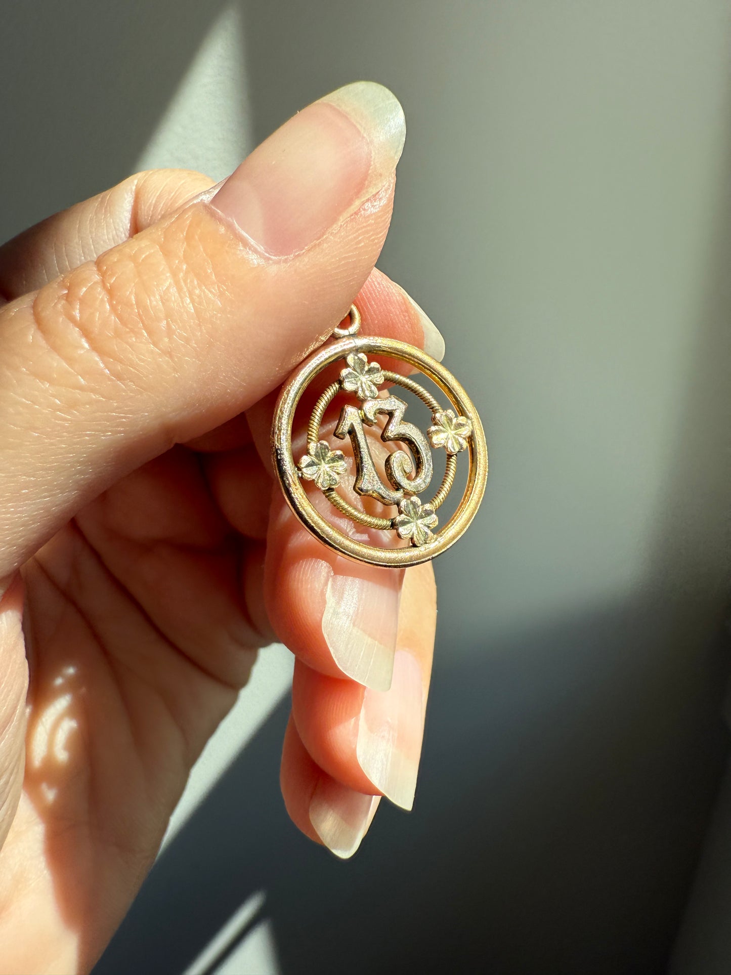 CLOVER Antique Lucky Number # 13 Pendant Tricolor Tricolor Gold Fill Halo Bullseye Belle Epoque Medal Thirteen Amulet Love Token Figural
