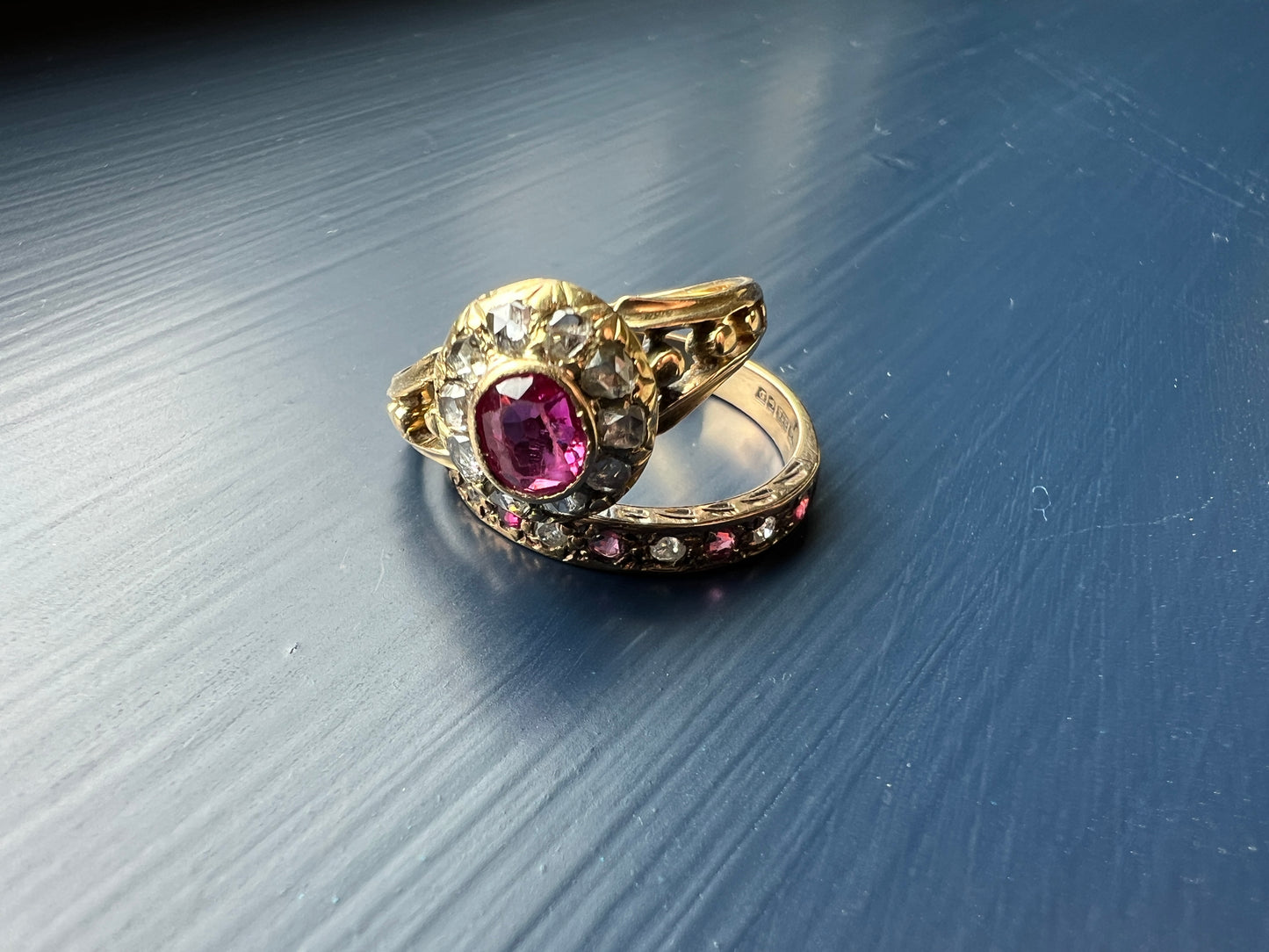 Vintage RUBY & Diamond Alternating Half Eternity Hoop Band 9k Gold Nine Stone Ring Engraved Stacker Pink Red