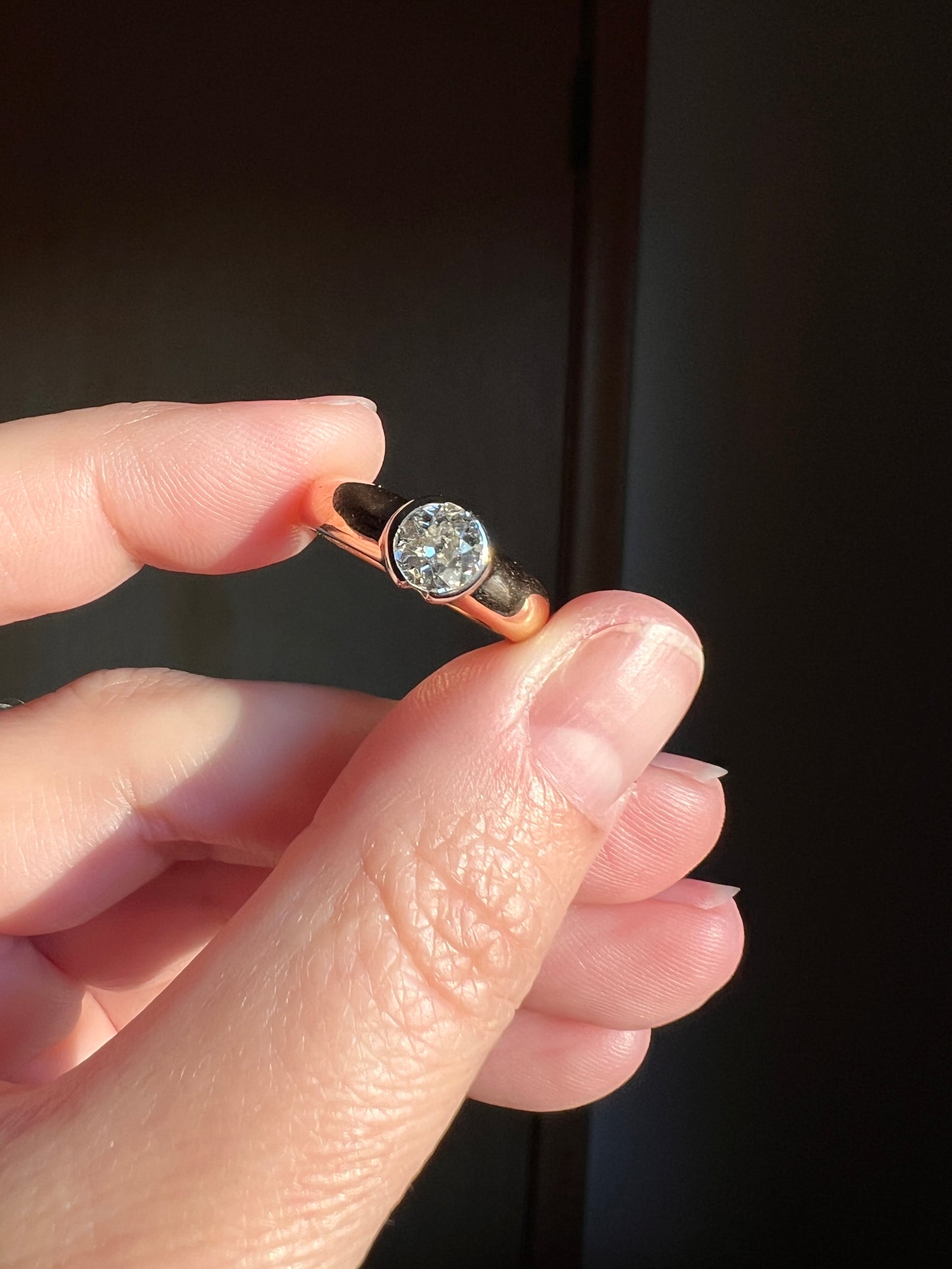 Vintage .6 Carat Antique Old Mine Cut DIAMOND French Art Deco Bezel Set Ring Stacker Band 18k Gold Solitaire