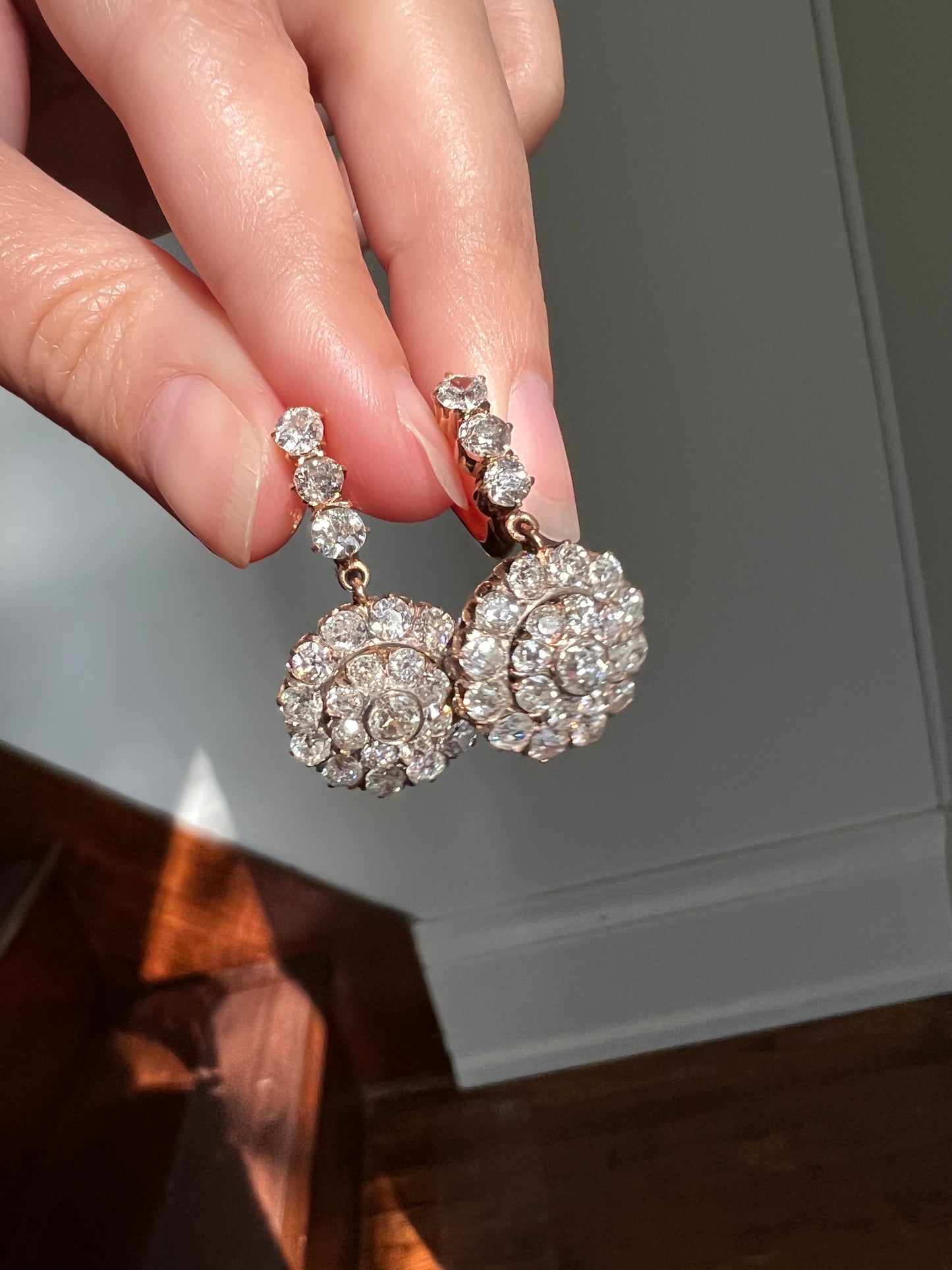 XL Antique 4 1/3 Carat Old Mine DIAMOND Cluster Dangle Earrings 18k Gold ViCTORIAN Bullseye Halo Drops