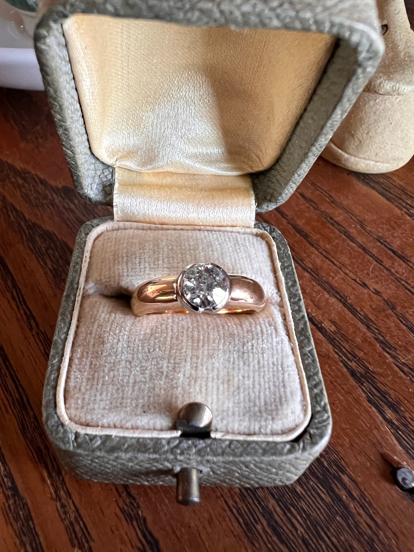 Vintage .6 Carat Antique Old Mine Cut DIAMOND French Art Deco Bezel Set Ring Stacker Band 18k Gold Solitaire