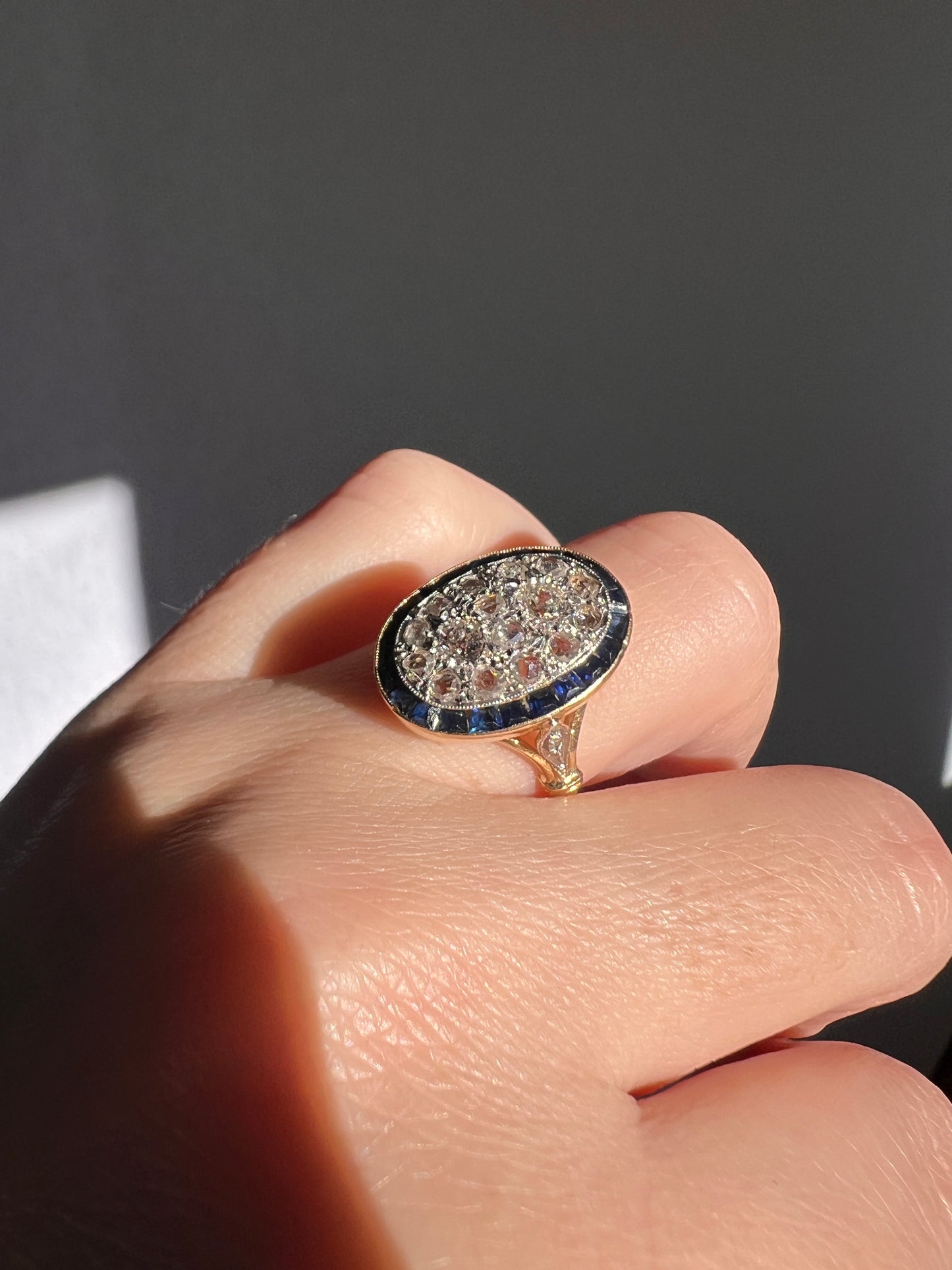 OVAL Rose Old Mine Cut Diamond HALO Ring French Antique 18k Gold Edwardian Carre Square Cut SAPPHIRE Halo