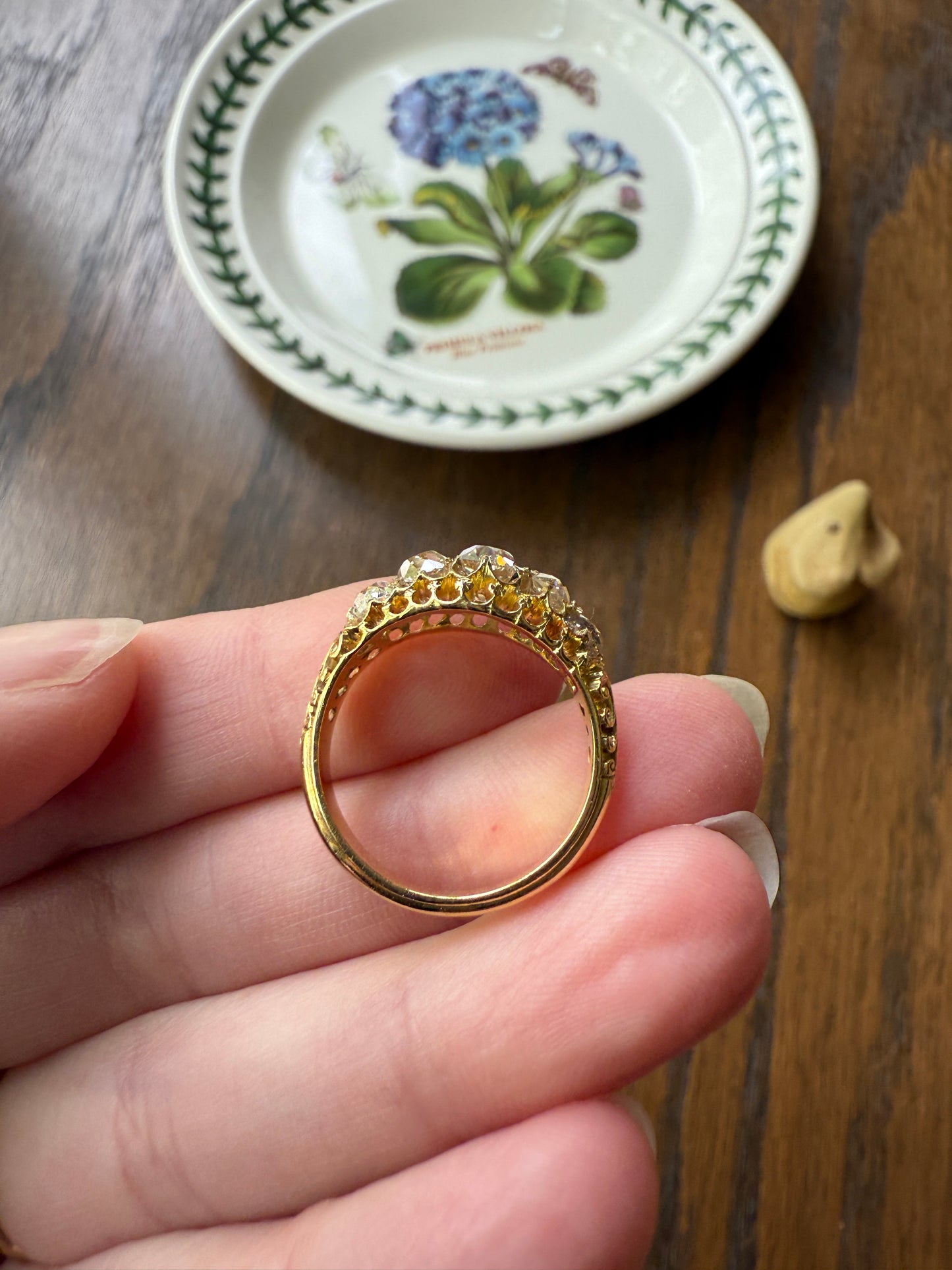 Most Ornate Victorian Antique Chunky Five Stone 1.8 Carat Old Mine Cut Diamond Band 18k Gold Ring Stacker Crown Prongs