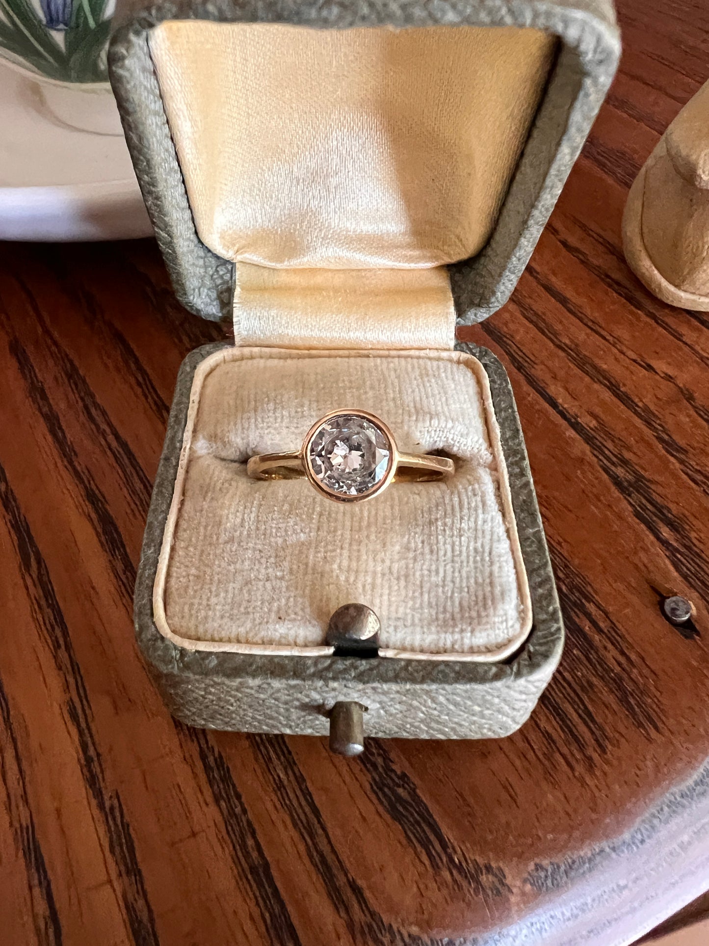 Art Deco .95 Carat Transitional Cut DIAMOND Bezel Set Ring Stacker Band French 18k Gold Solitaire