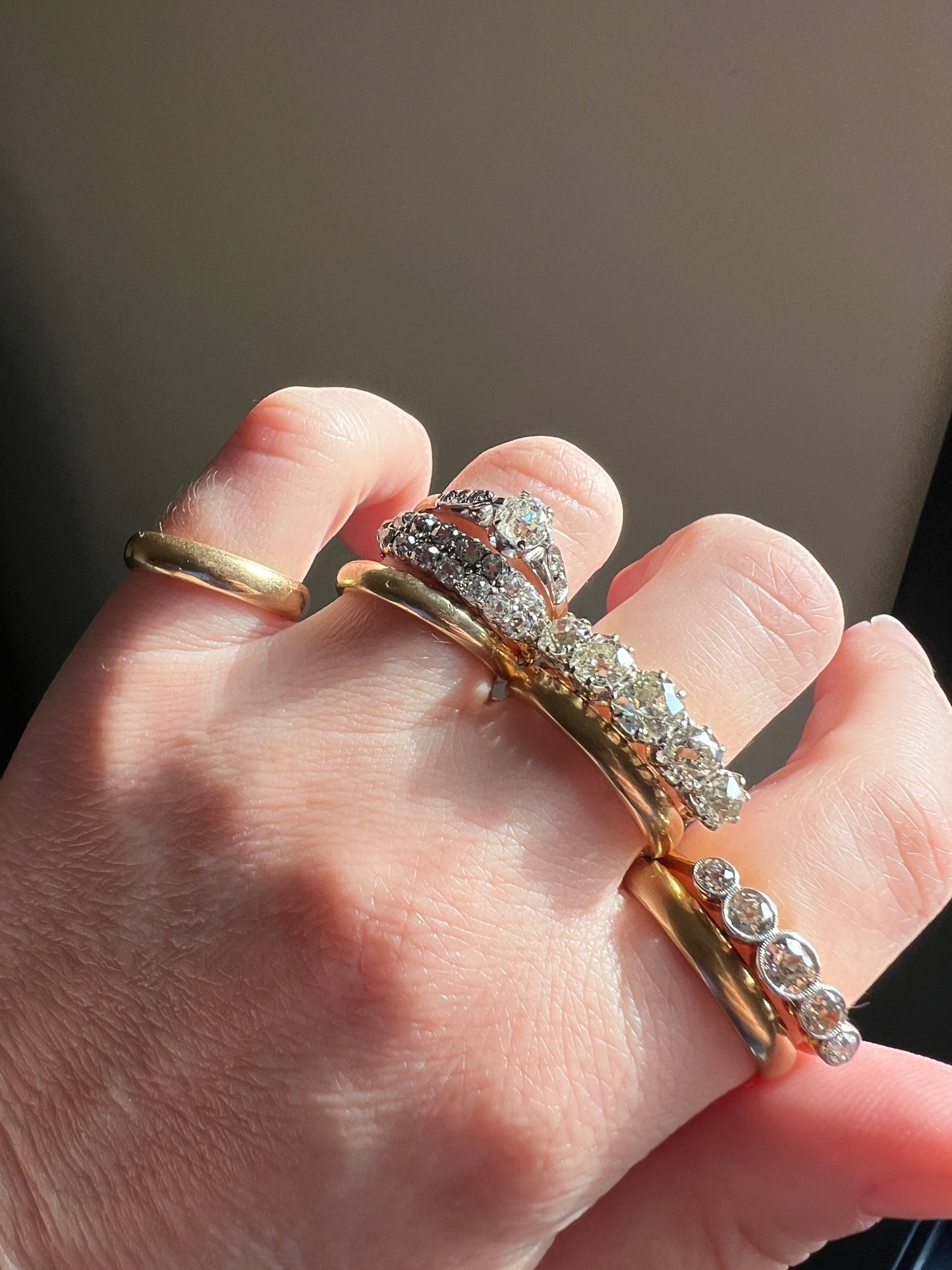 Antique One Carat Champagne White Old Mine Cut DIAMOND 18k Gold Platinum Five Stone Ring Bezel Set Band