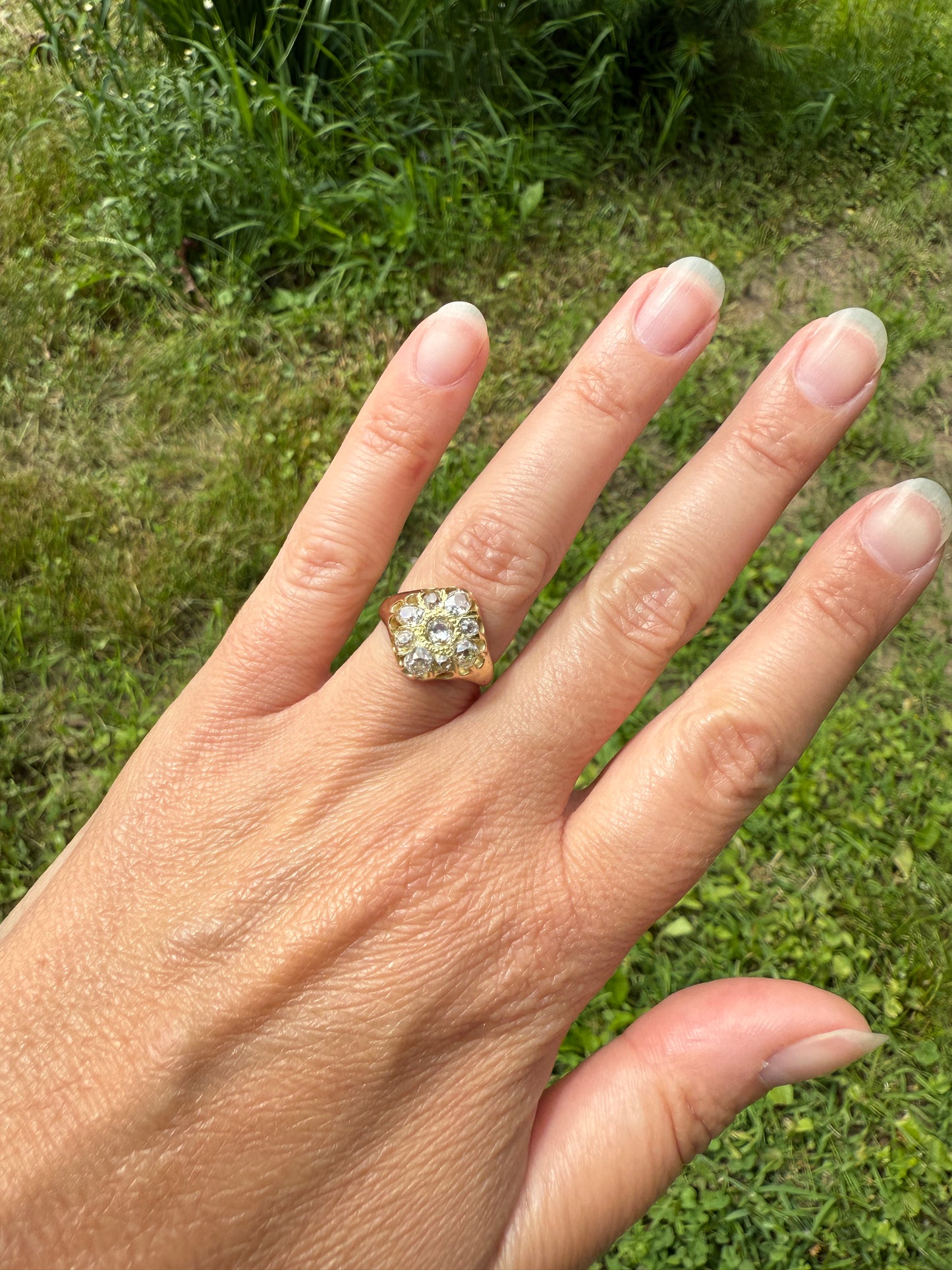 CHUNKY 1.2 Carat Old Mine Cut DIAMOND Cluster Ring 15k Gold Delicious Pale Yellow Nine Stone Cruciform Halo Belcher Buttercup 1.2Ctw OMC