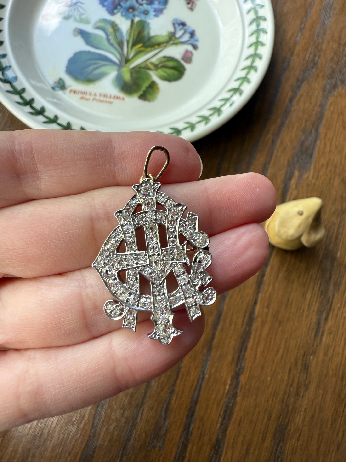 AEI Amity Eternity Infinity Antique 2.5 Carat Old Mine Rose Cut Diamond Initial XL Pendant Heavy Figural 14k Gold Platinum